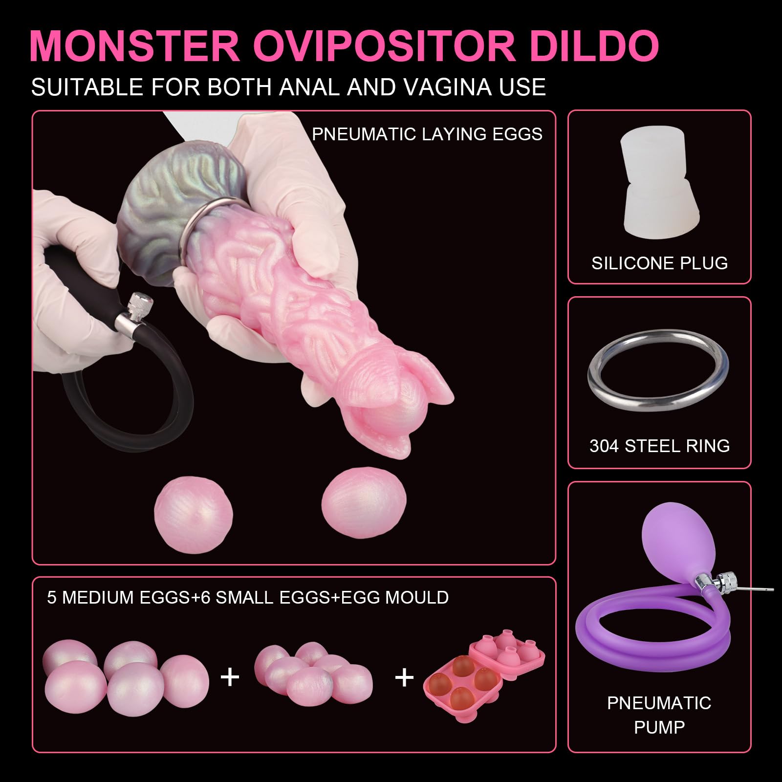 Inflate Pump Ovipositor Dildo Hollow Tunnel with 11 Silicone Eggs for Women Adult Sex Toy for Couples Masturbation