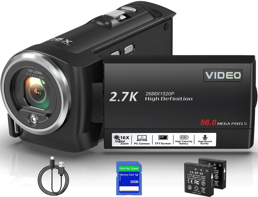 Fxmug Video Camera Camcorder, QHD 2.7K 56MP 16X Digital Vlogging Camera with LED Fill Light for YouTube, 2.8'' 270° Rotation Screen Camcorder Camera with 32GB Card and Two Batteries