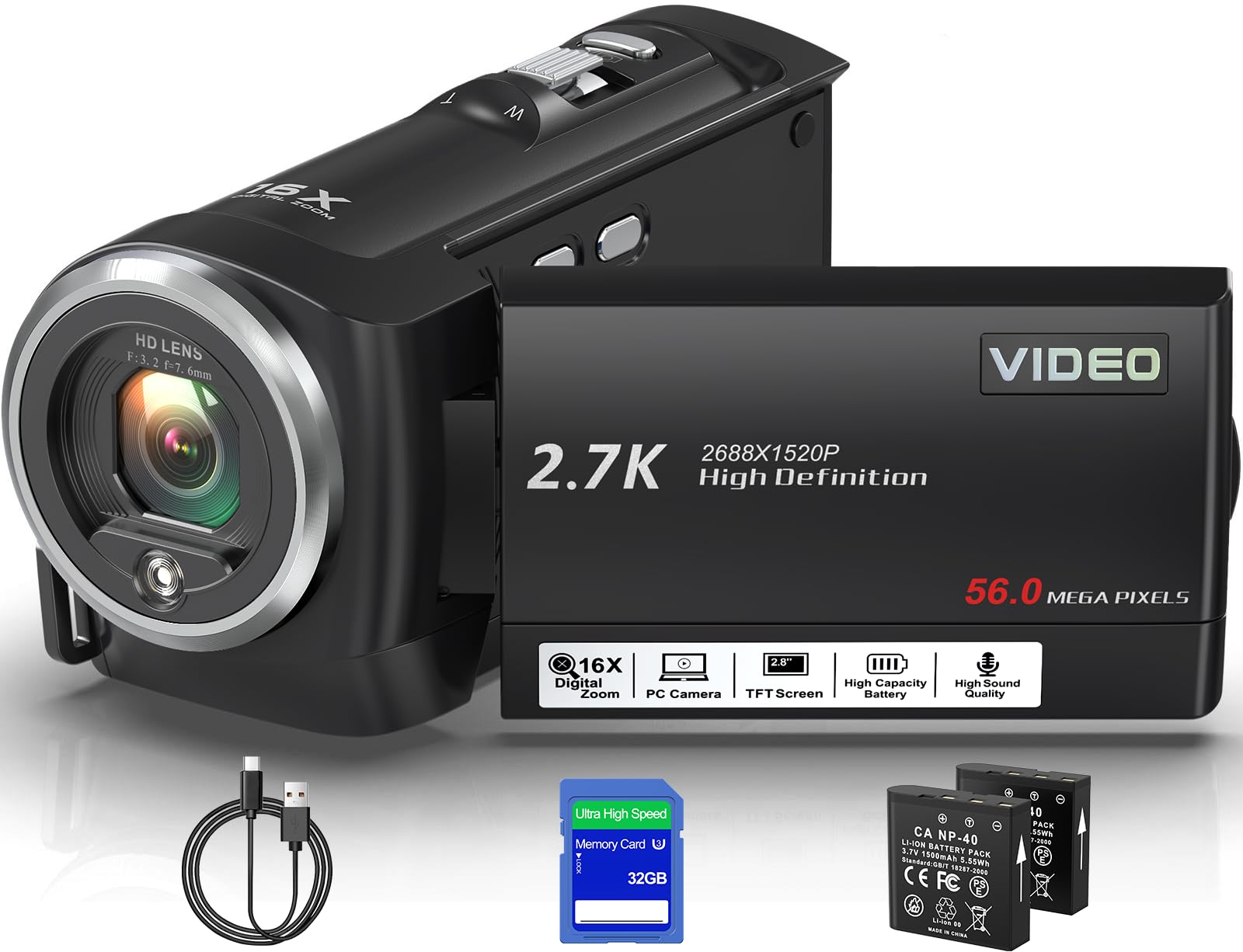 Fxmug Video Camera Camcorder, QHD 2.7K 56MP 16X Digital Vlogging Camera with LED Fill Light for YouTube, 2.8'' 270° Rotation Screen Camcorder Camera with 32GB Card and Two Batteries