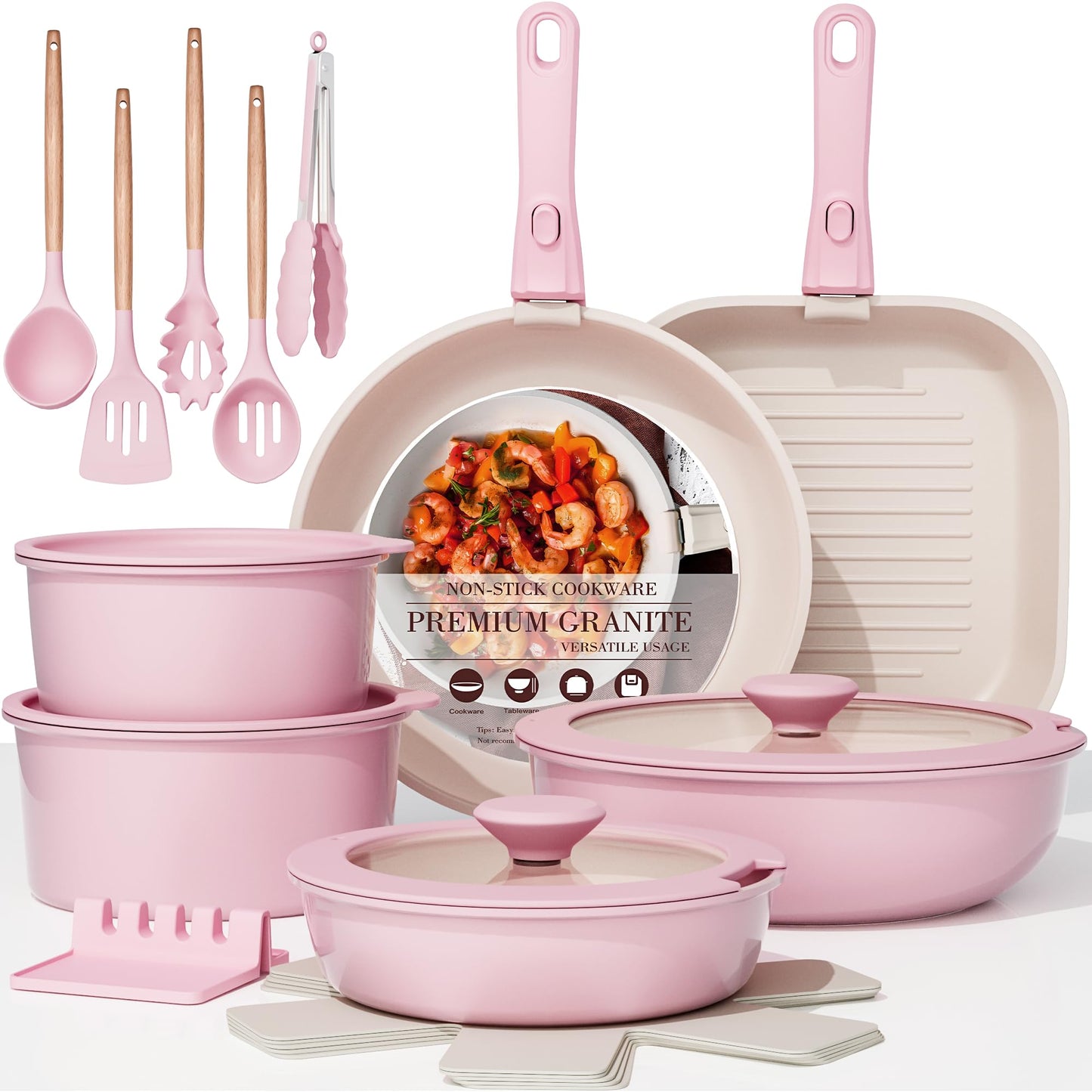 Astercook 21 Pcs Pots and Pans Set Non Stick, Ceramic Cookware Set Detachable Handle, RV Kitchen Cooking Set Removable Handles, Oven Safe, Induction Ready, Stackable, Black, Mothers Day Gifts