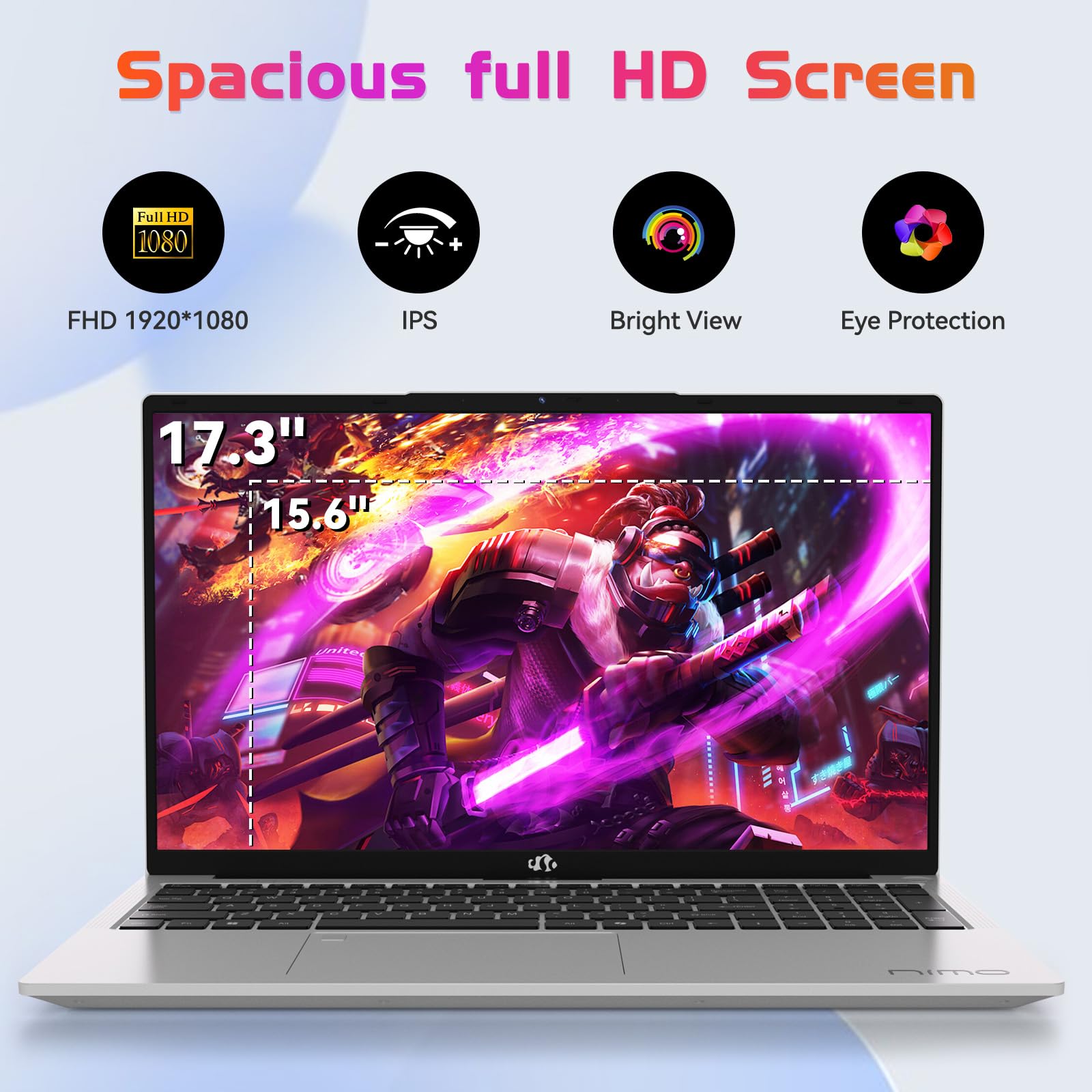 NIMO 17.3" IPS FHD Laptop, Intel 6 Cores i3-1215U 8GB RAM 128GB SSD (Beat Ryzen 5 7520U, Up to 4.4GHz) Computer with 65W GaN Type C Backlit Keyboard Fingerprint, for Home Student and Business