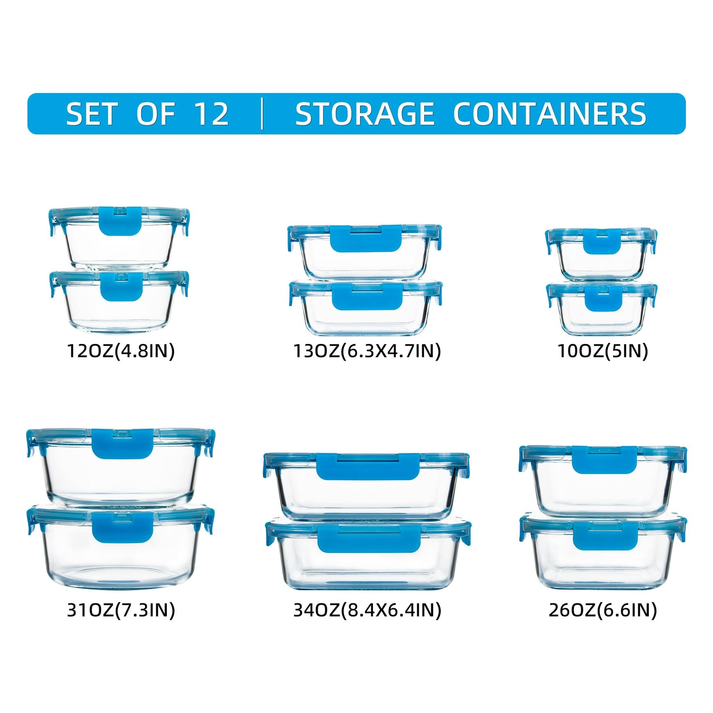 FAWLES 12 Pack Glass Meal Prep Containers with Airtight Lids, Leak-Proof Food Storage Containers, Dishwasher/Microwave/Oven/Freezer Safe Glass Containers for Lunch, Leftovers, to Go