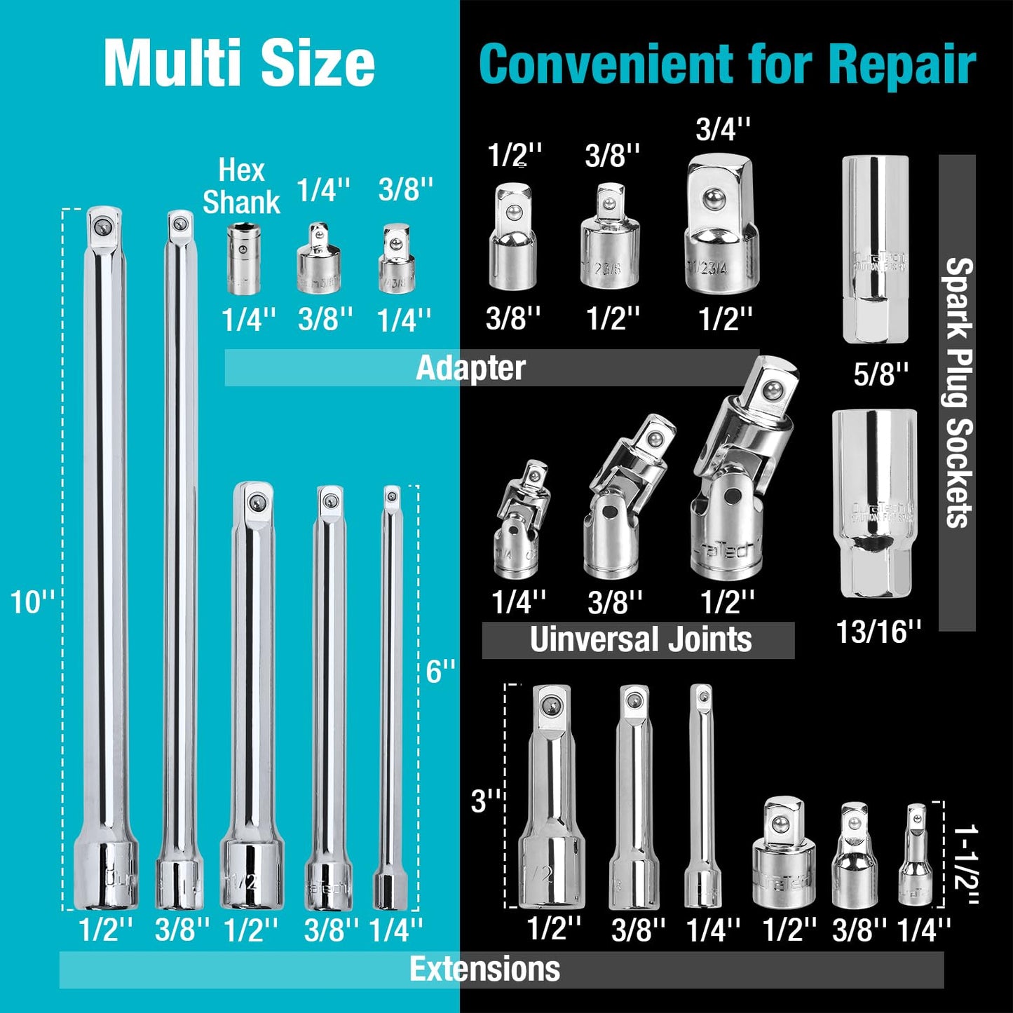 DURATECH Drive Tool Accessory Set, Including Extension Bars, Socket Adapters, Universal Joints, Spark Plug Sockets, Professional Socket Accessories, Cr-V Steel, EVA Foam Package