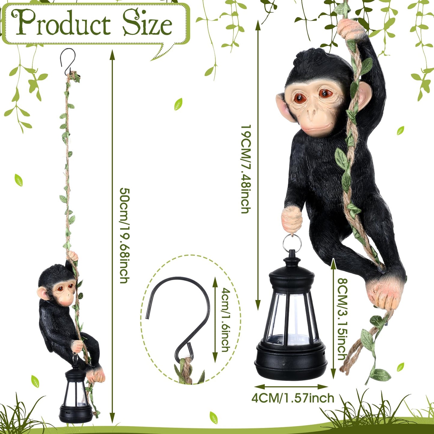 Rossesay Solar Light Outdoor Statues 7.48'' H Resin Chimpanzee Baby Monkey Climbing On A 19.68" L Vine with LED Lantern Waterproof Hanging Monkey Figurine with Hook for Yard Garden Wall