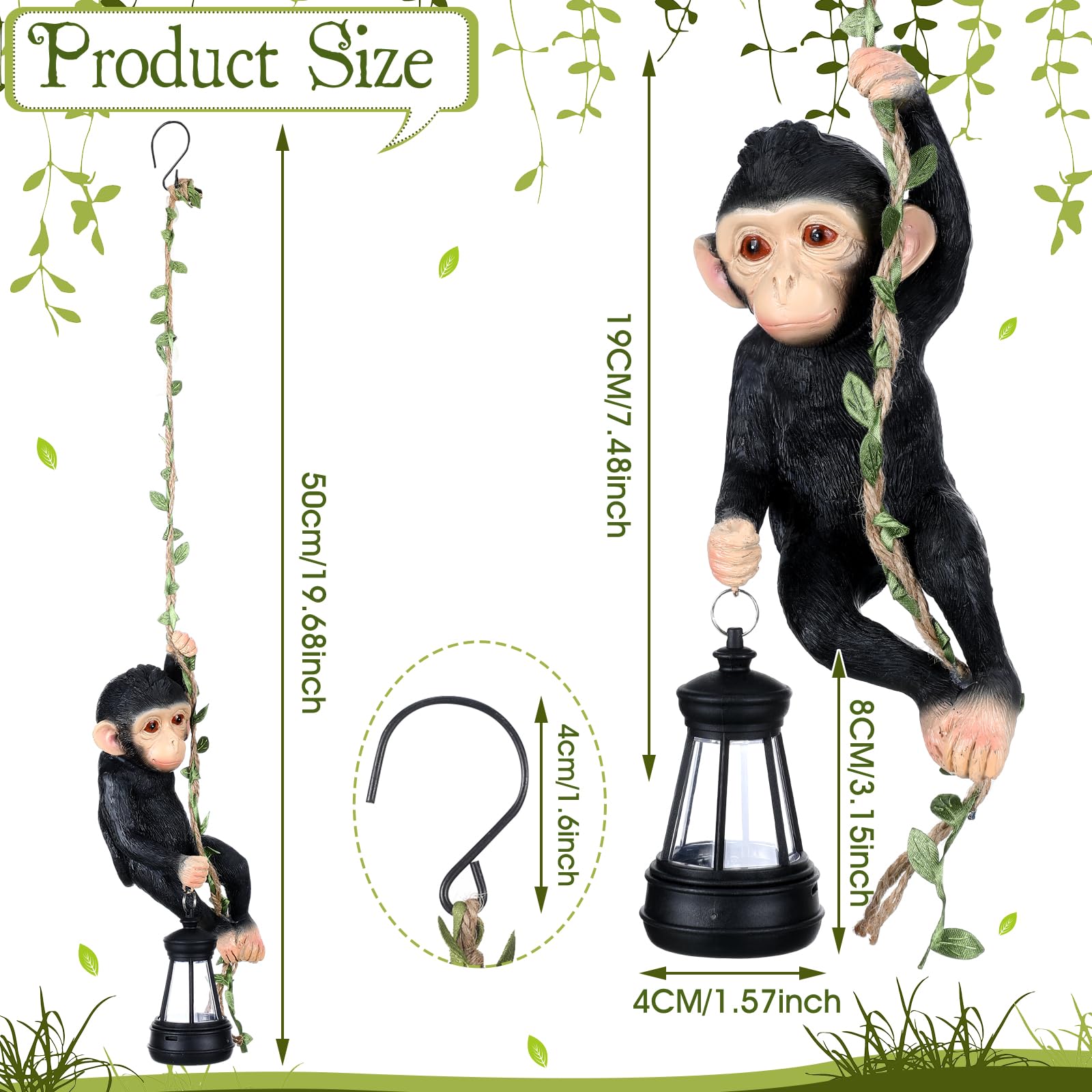 Rossesay Solar Light Outdoor Statues 7.48'' H Resin Chimpanzee Baby Monkey Climbing On A 19.68" L Vine with LED Lantern Waterproof Hanging Monkey Figurine with Hook for Yard Garden Wall