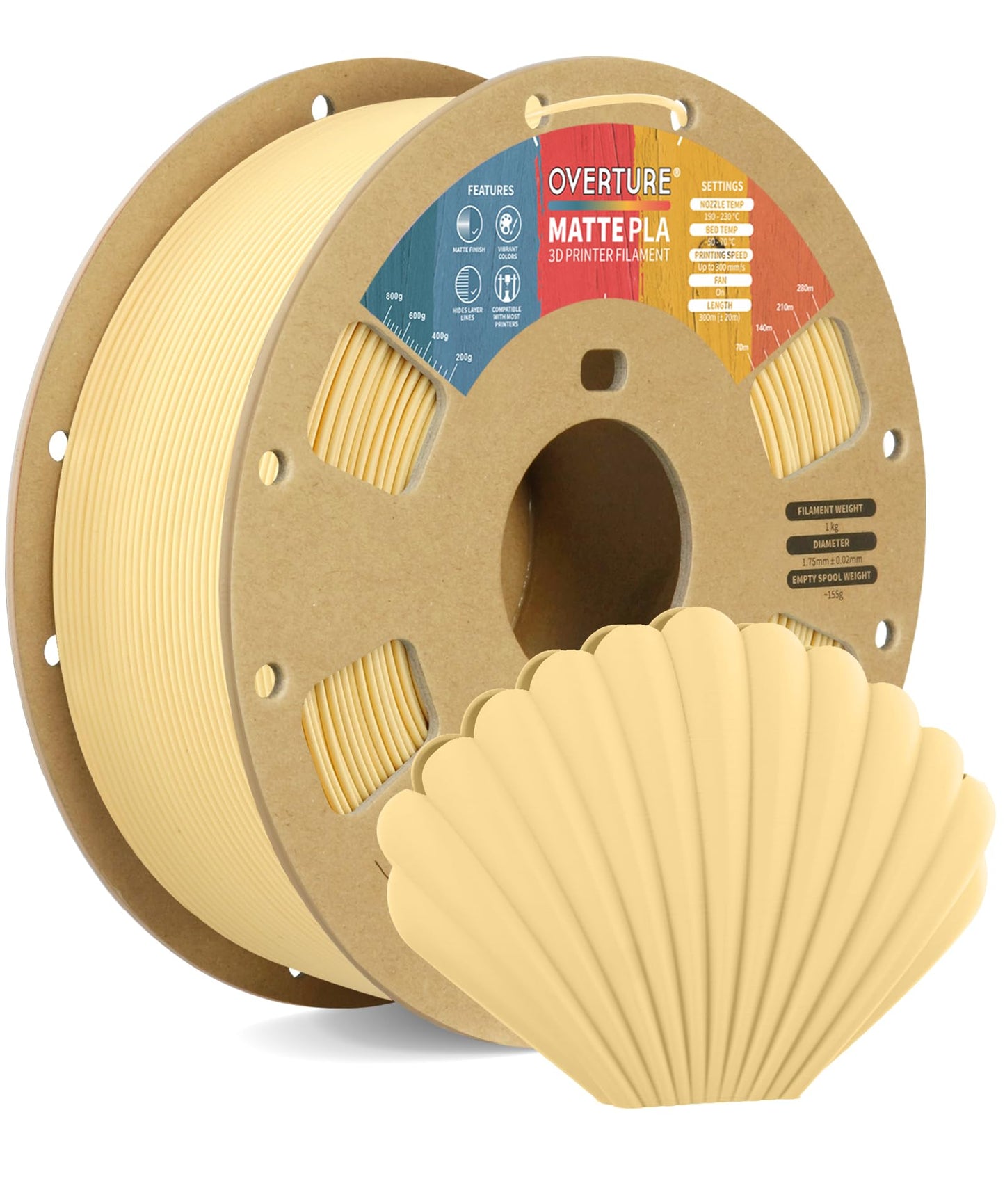 OVERTURE Matte PLA 3D Printer Filament 1.75mm, Matt Surface & Low Warping Filament 1kg Spool (2.2 lbs), Accuracy +/- 0.02 mm, Fit Most FDM Printers