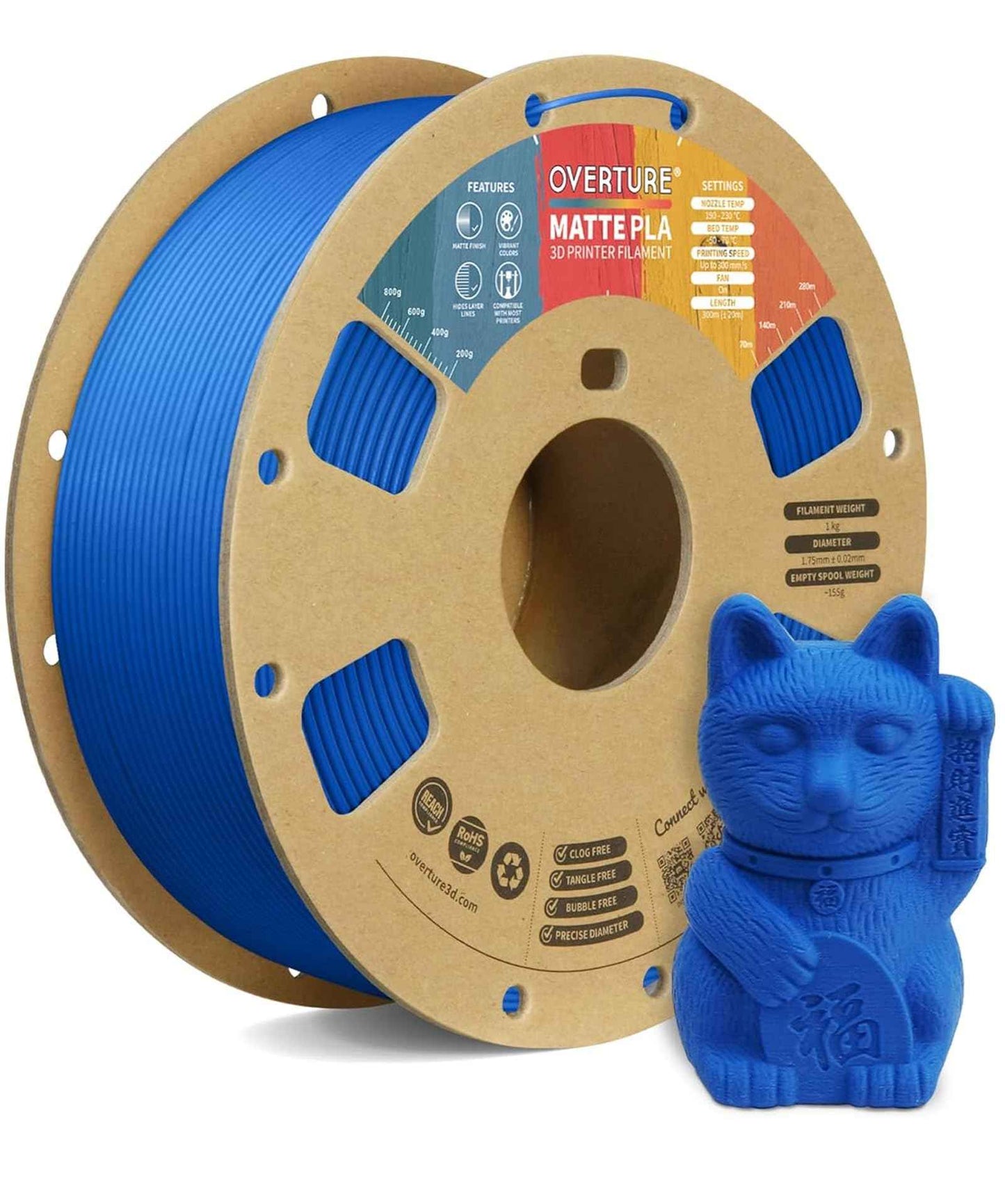 OVERTURE Matte PLA 3D Printer Filament 1.75mm, Matt Surface & Low Warping Filament 1kg Spool (2.2 lbs), Accuracy +/- 0.02 mm, Fit Most FDM Printers