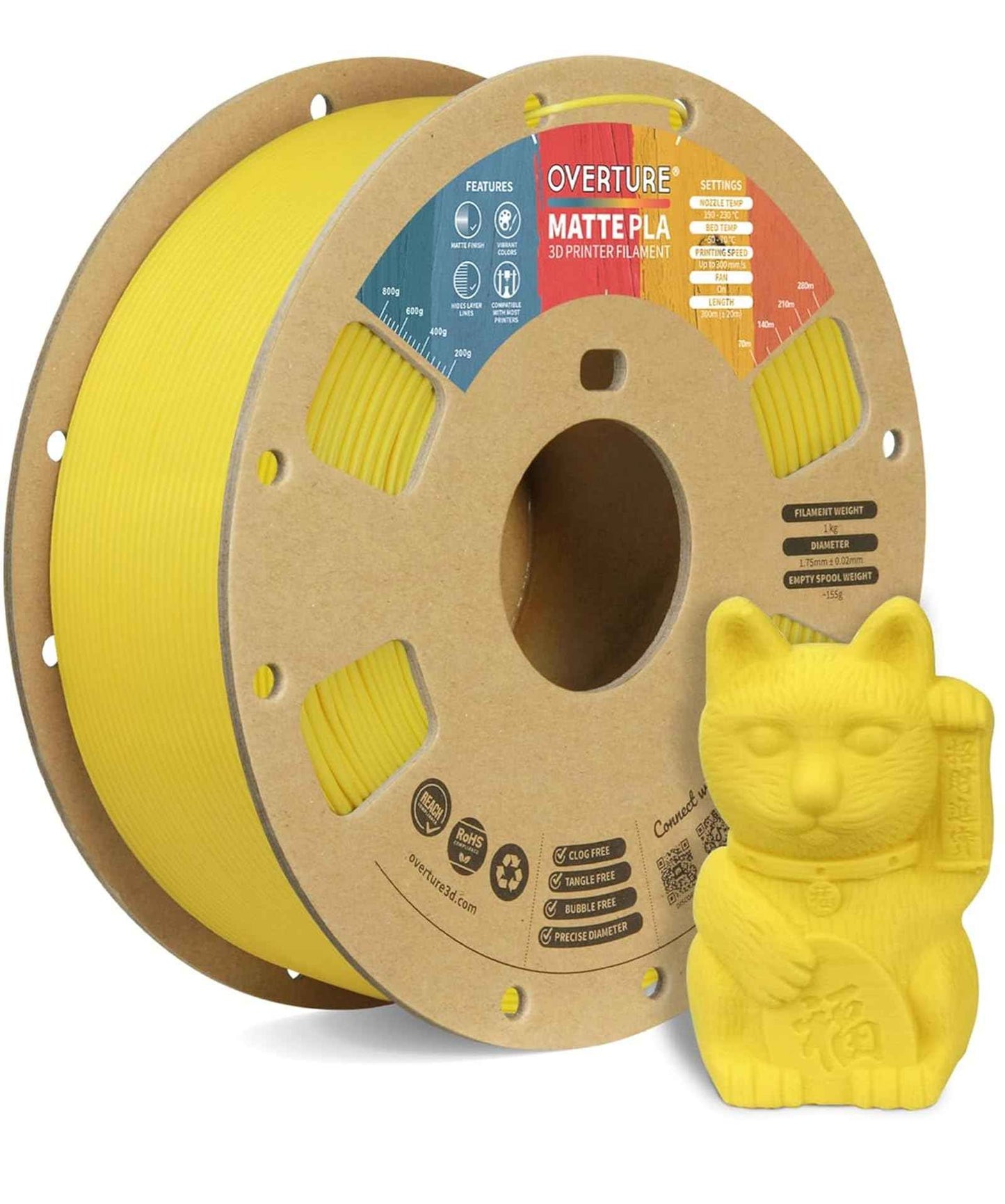 OVERTURE Matte PLA 3D Printer Filament 1.75mm, Matt Surface & Low Warping Filament 1kg Spool (2.2 lbs), Accuracy +/- 0.02 mm, Fit Most FDM Printers