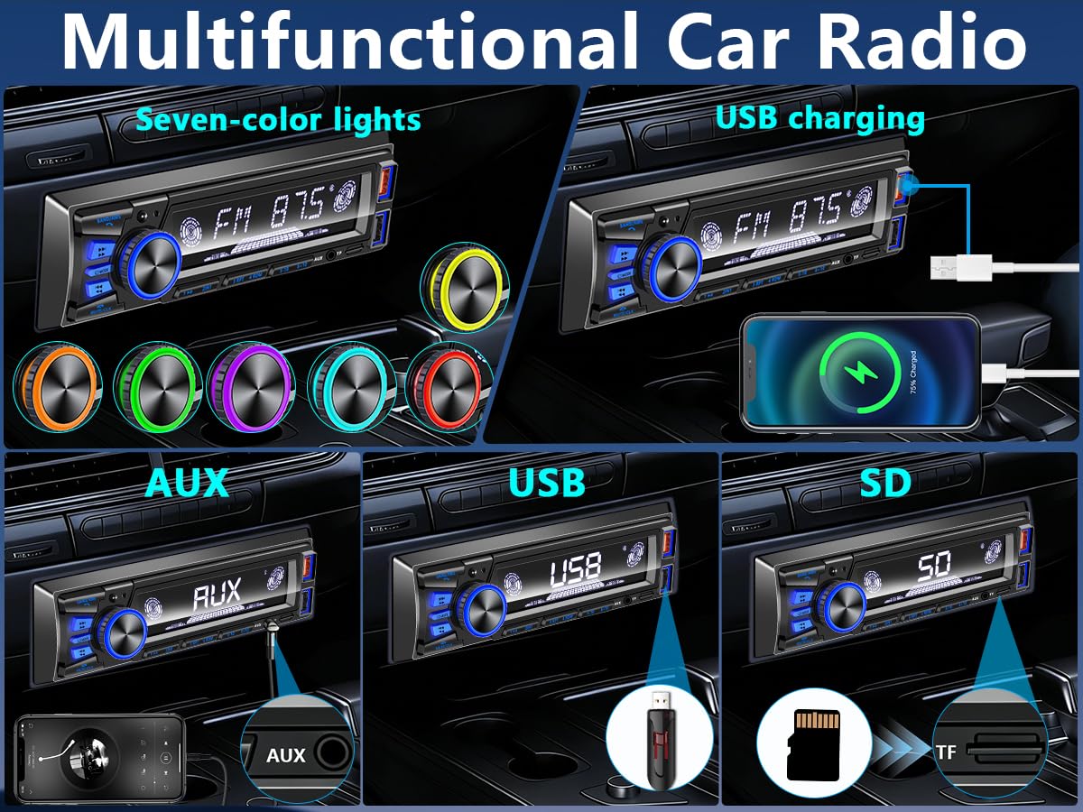 Car Radio Bluetooth Single DIN Car Stereo with Bluetooth,Car Audio with Push to Talk Button for Handsfree Calling,FM/ MP3/EQ/SD/AUX,Dual USB,iOS & Android App Control,7 LED Colors | No CD Player