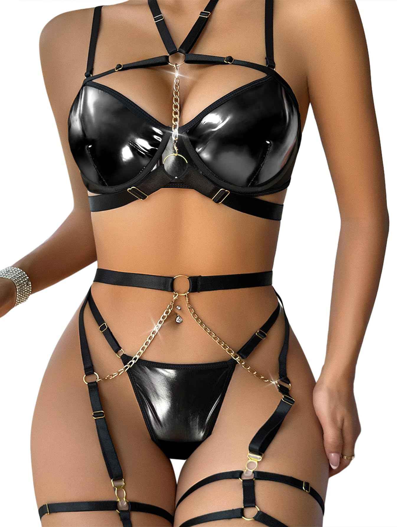 Lilosy Sexy PU Leather Garter Belt Lingerie Set with Underwire Straps