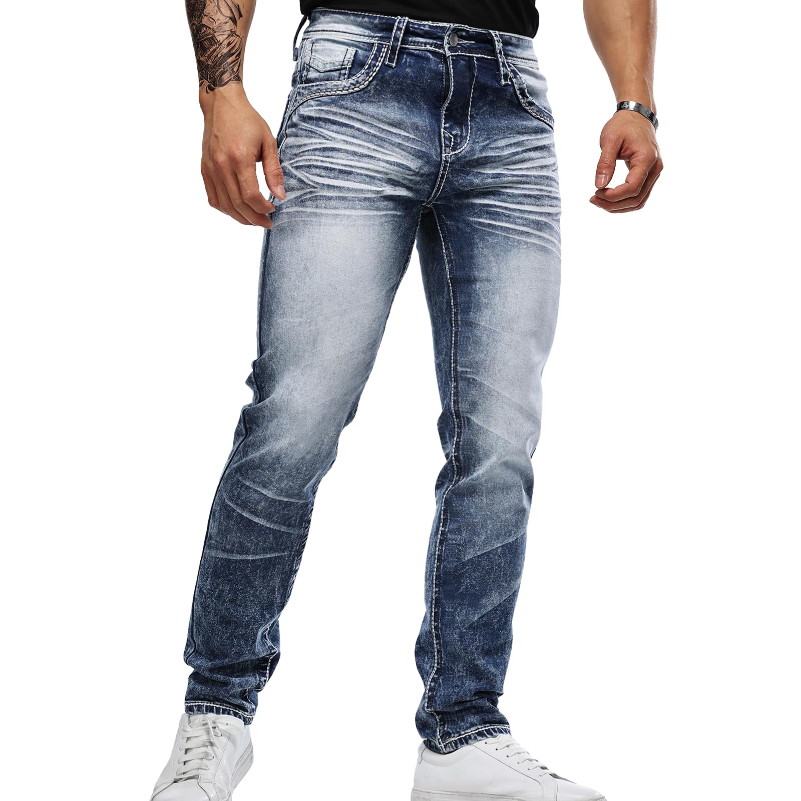 Men's Jeans - Embroidery Washed Crackle Design Jeans Relaxed Fit Stretch Casual Jeans Comfortable Classic Fit Jeans