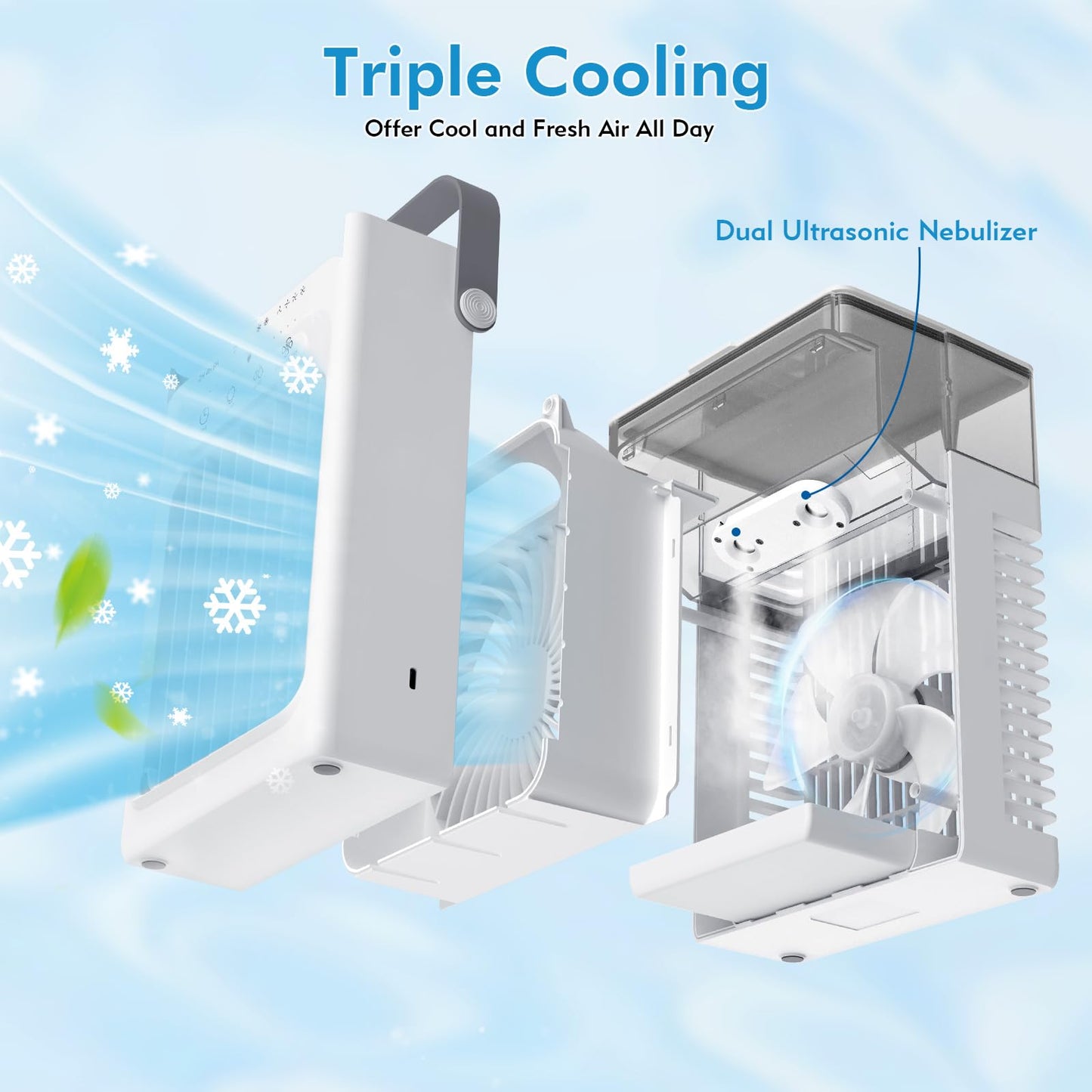 Portable Air Conditioners For Indoor Office Bedroom, USB Charging Small Cooling Fan (Include 5V 2A Adapter) 3-in-1 Portable AC Unit, Personal Mini Air Conditioner With 1000ml Water Tank, 2/4/6H Timer