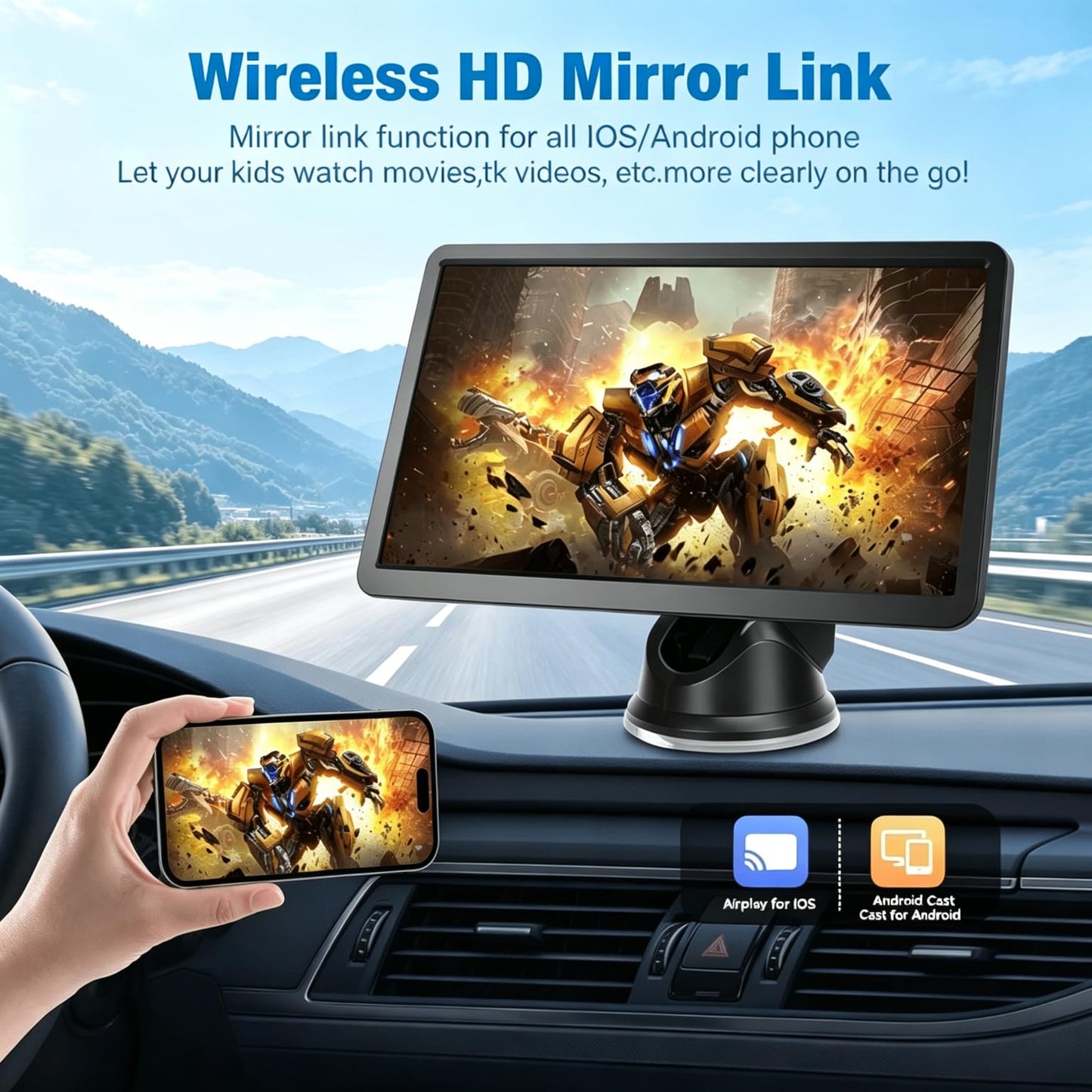 Carplay Screen for Car, 7'' Wireless CarPlay & Android Auto- Upgrade Portable Touchscreen with Bluetooth, Mirror Link, Voice Control, Hands-Free Calling Car Play Screen Stereo for All Vehicles