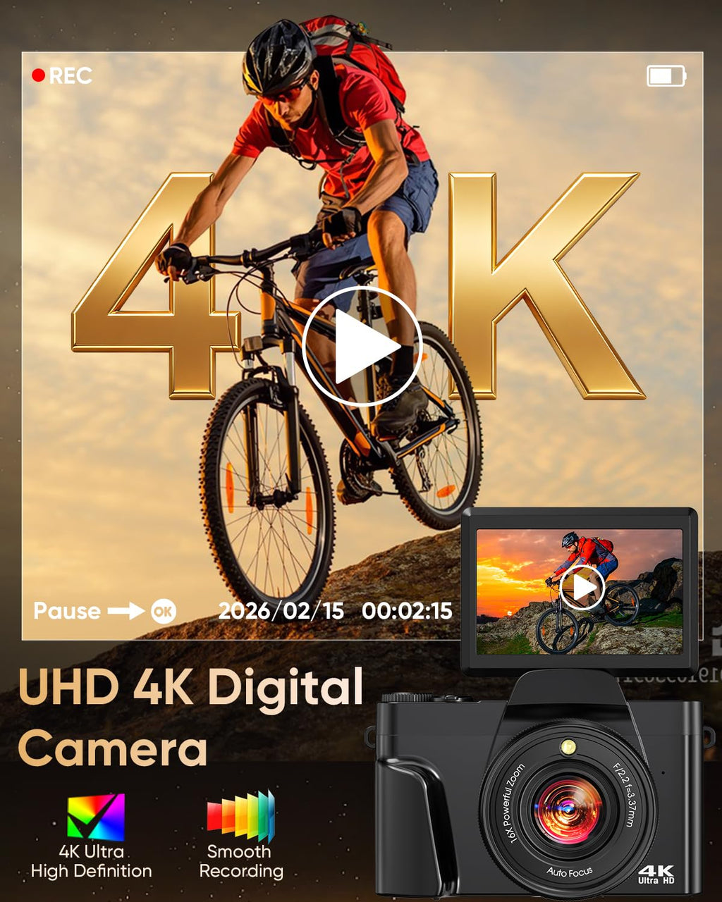 4K Digital Camera for Photography with WiFi,64MP Autofocus 3'' 180° Flip Screen 16X Zoom Vlogging Camera for YouTube, Compact Travel Camera for Beginners, Anti-Shake, 32GB Card, 2 Batteries