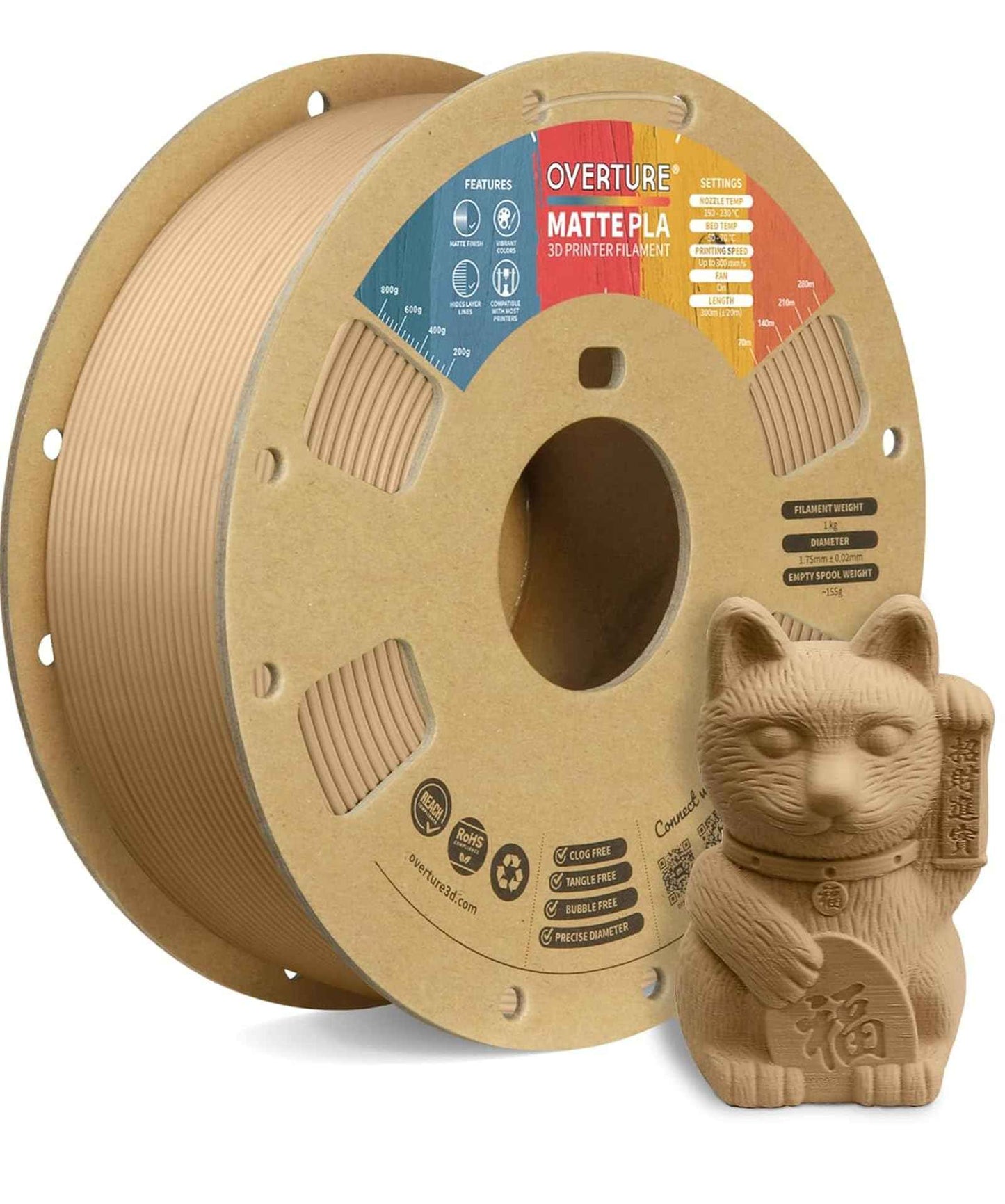 OVERTURE Matte PLA 3D Printer Filament 1.75mm, Matt Surface & Low Warping Filament 1kg Spool (2.2 lbs), Accuracy +/- 0.02 mm, Fit Most FDM Printers