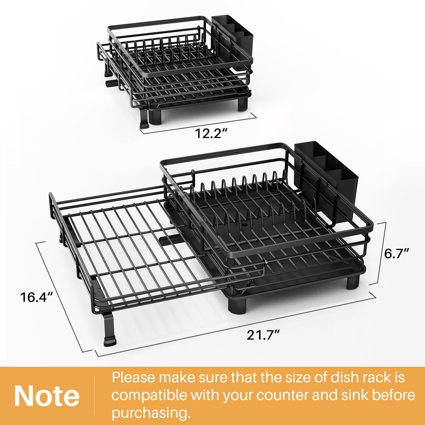 Dish Drying Rack - Extendable Dish Rack, Large Sink Drying Dish Drainer for Kitchen Counter, Stainless Steel Dish Strainer with Utensil Holder