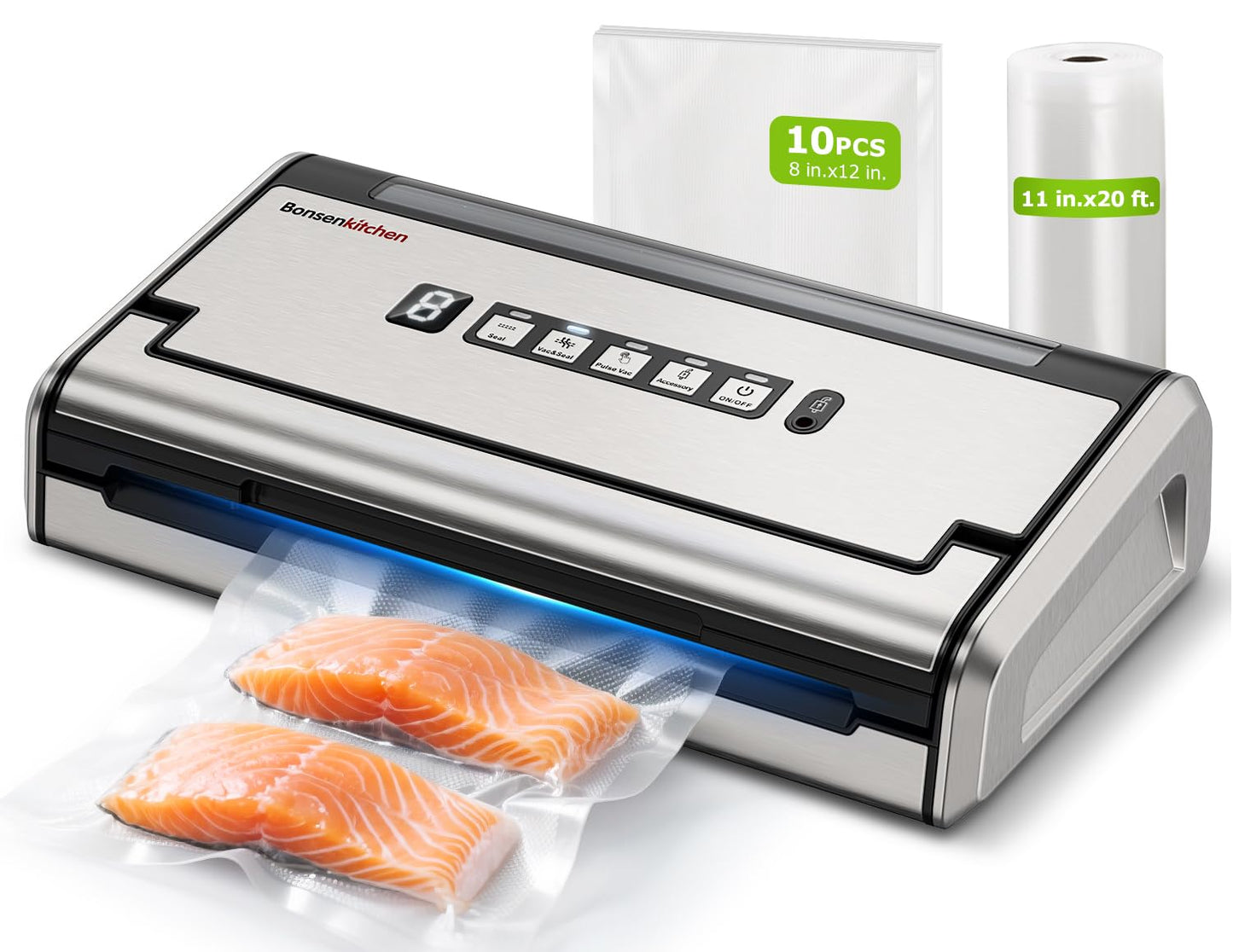 Bonsenkitchen Vacuum Sealer for Food, One-Hand Operation Food Vacuum Sealer Machine with 0.2-inch wider seal, Built-in Cutter and Bag Storage