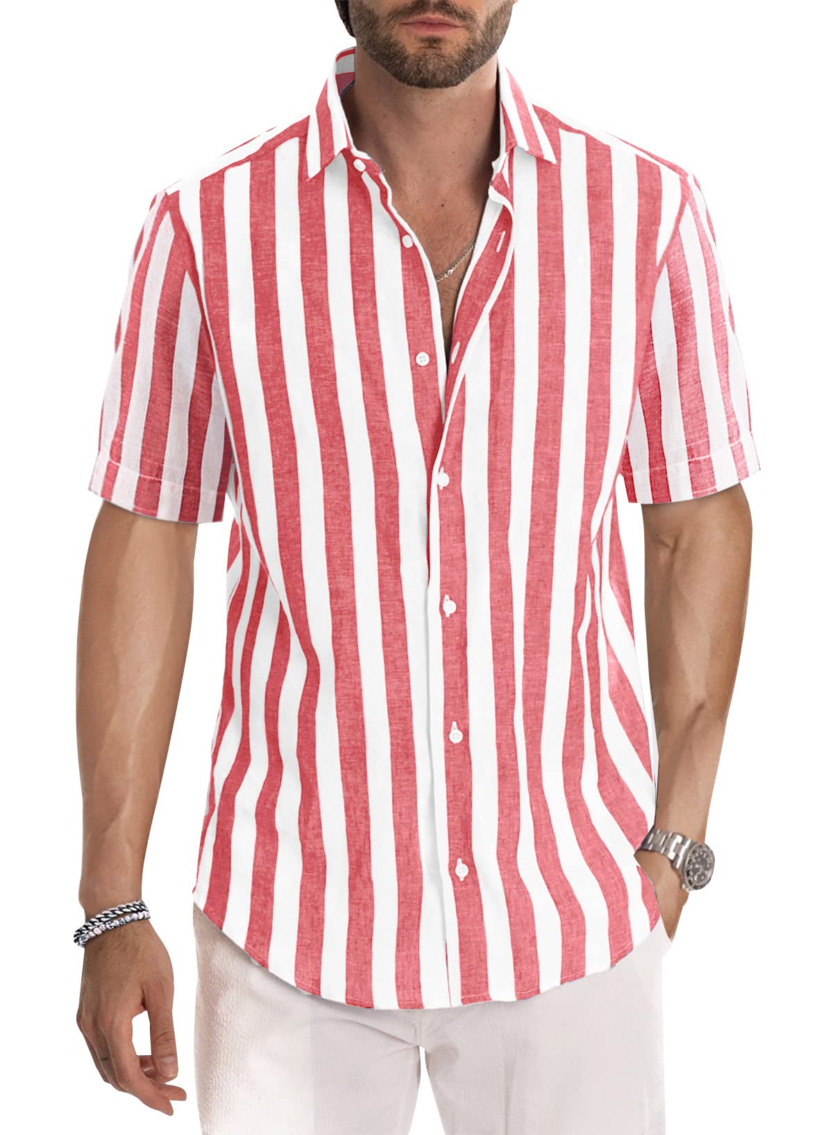 JMIERR Men's Casual Stylish Short Sleeve Button-Up Striped Dress Shirt Cotton Beach Shirts