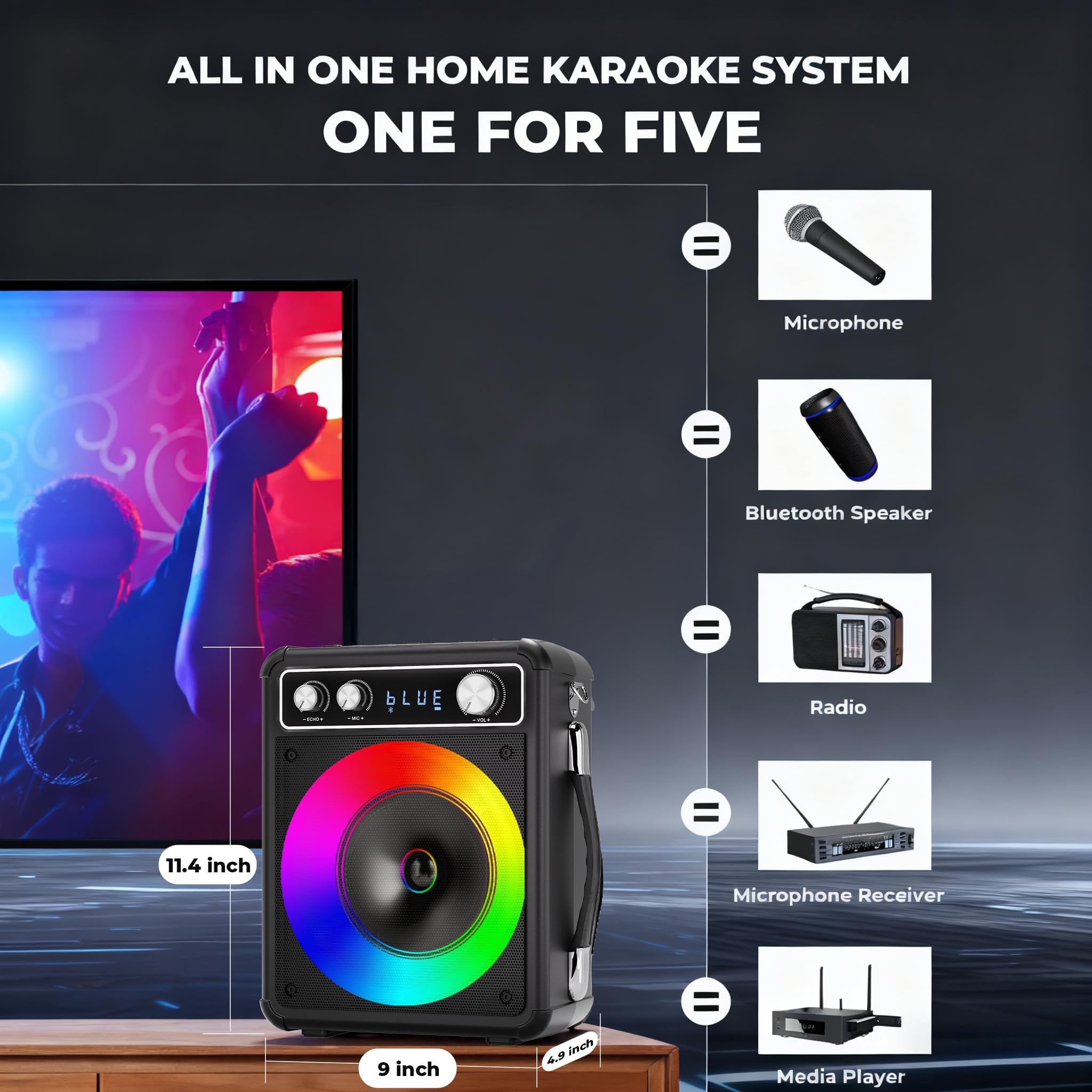 VOSOCO Karaoke Machine, Portable Bluetooth Speaker with 2 Wireless Microphones, PA System for Adults Kids with LED Lights, Supports TWS/FM/AUX/USB/TF for Home Party