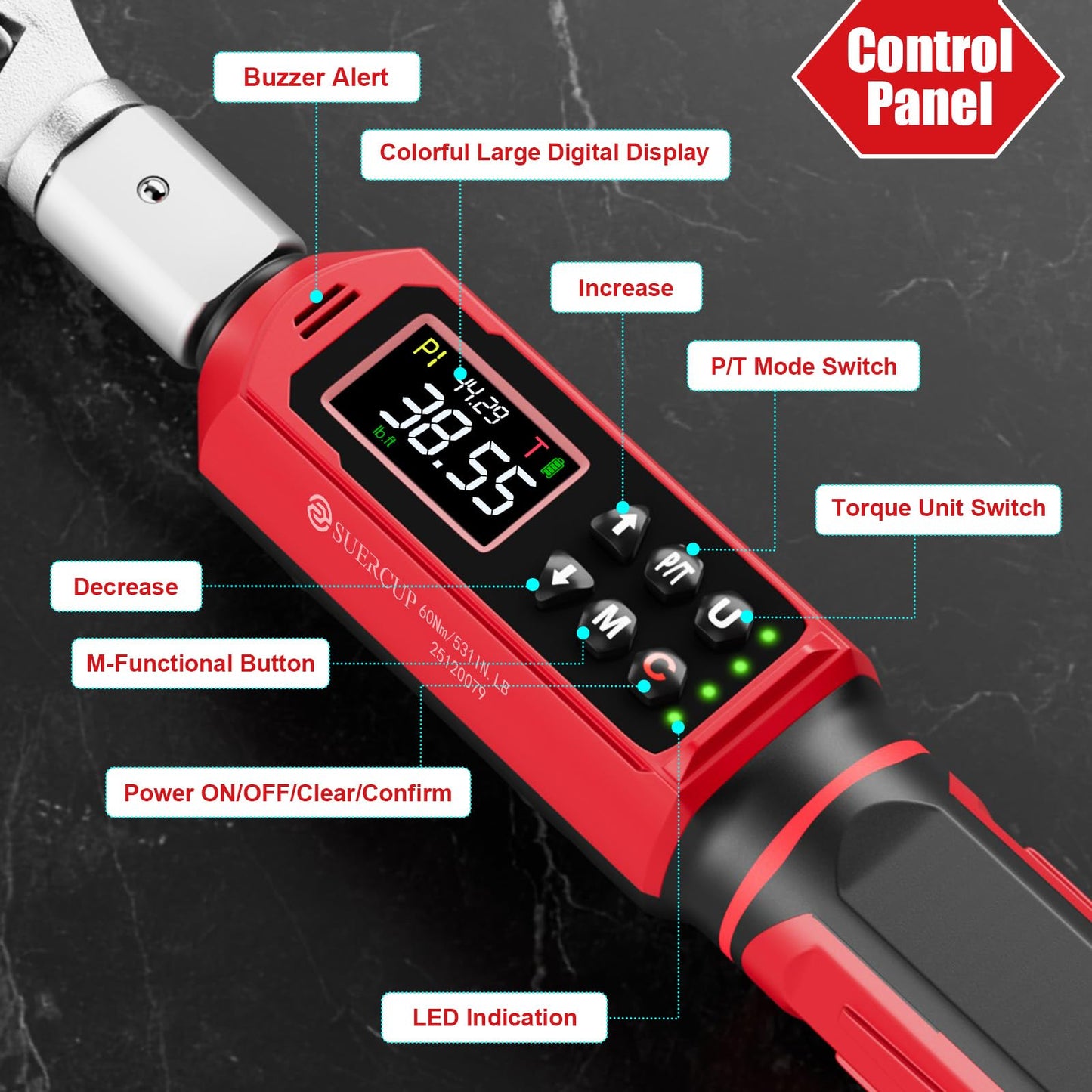 SUERCUP Digital Torque Wrenc ±1% Accuracy with Vibration, Buzzer,LED Notification and Five Units of Measure, for Car,Motorcycle Repair, DIY
