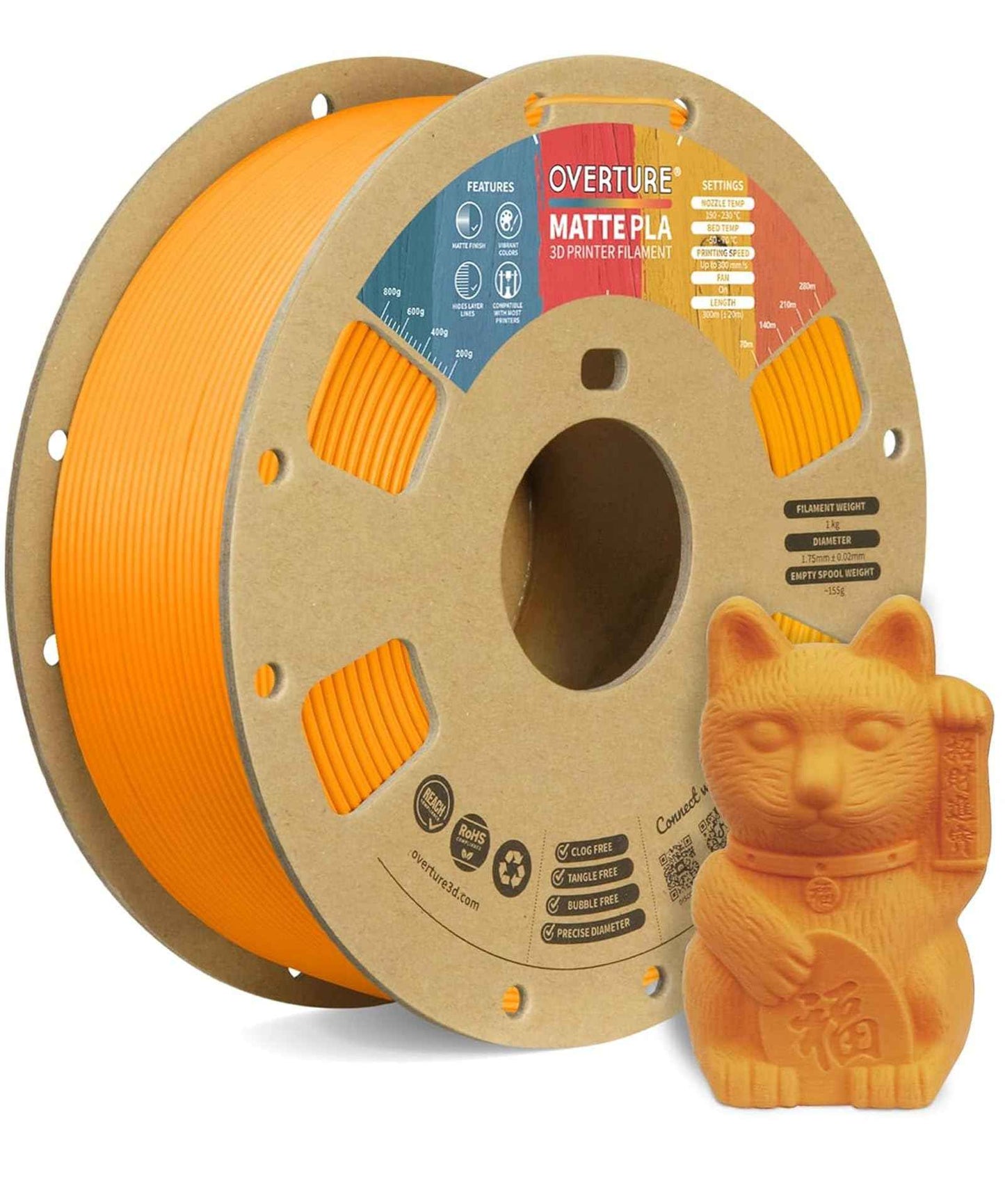 OVERTURE Matte PLA 3D Printer Filament 1.75mm, Matt Surface & Low Warping Filament 1kg Spool (2.2 lbs), Accuracy +/- 0.02 mm, Fit Most FDM Printers
