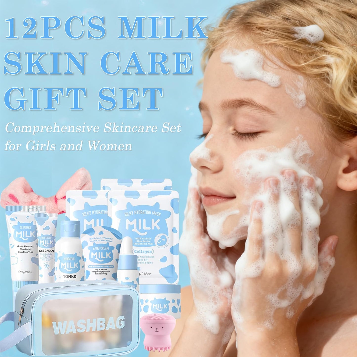 Milk Skin Care Set for Kids & Teens, 12 IN 1 Moisturizing & Gentle Milk Skin Care for Teens Girls Ages 8-12, Face Care Kit, Milk Skincare for Girls 10-12, Bulk Birthday Gifts, Daughter Gifts, 12PCS