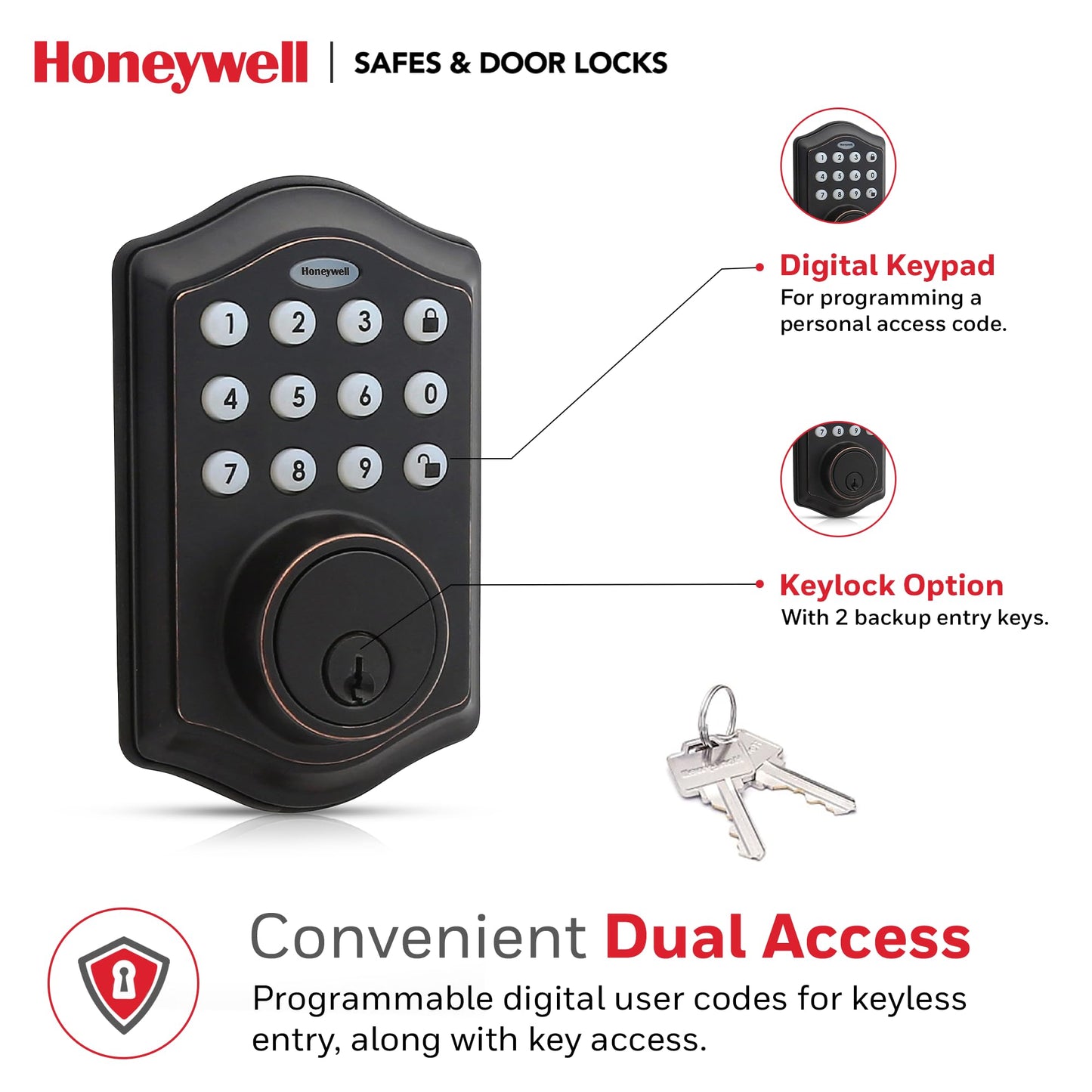 Honeywell Safes & Door Locks - Electronic Entry Deadbolt with Keypad, 2.9 x 2 x 6.2 inches
