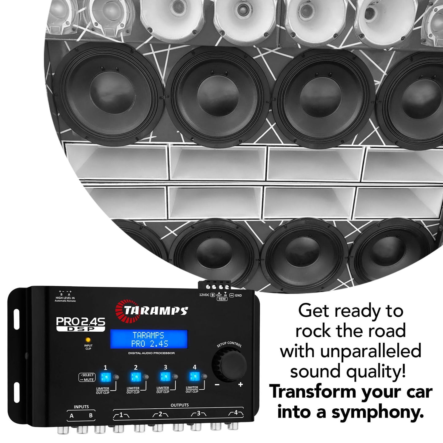 Taramps Pro 2.4S DSP Crossover Full Digital Signal Processor and Equalizer with sequencer 15-Band Graphic Equalization 12 preset EQ 2-Channel in and 4-Channel Out