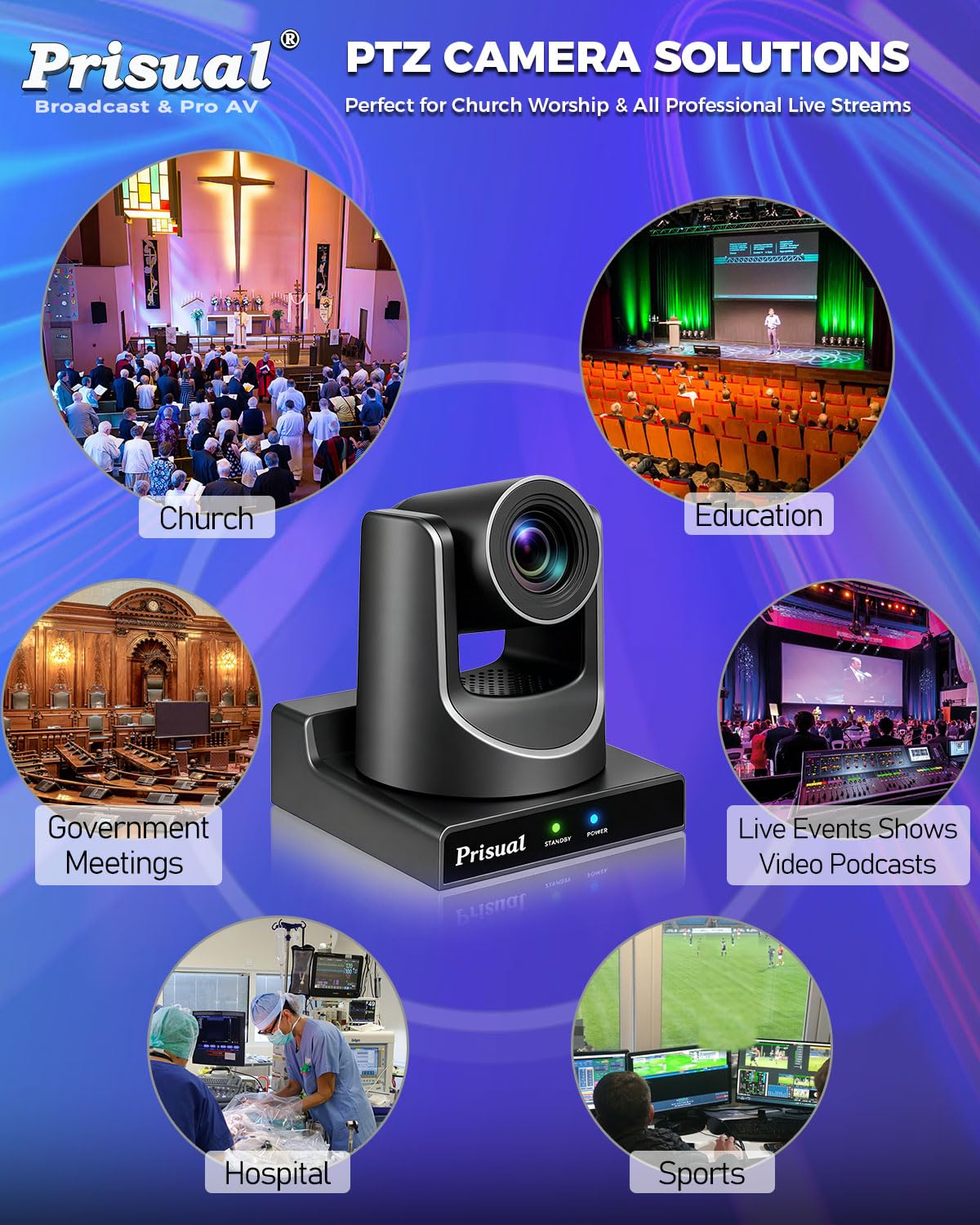 Prisual PTZ Camera 30X Optical Zoom NDI HX3 HDMI USB3.0 LAN PoE AI Tracking Church Camera