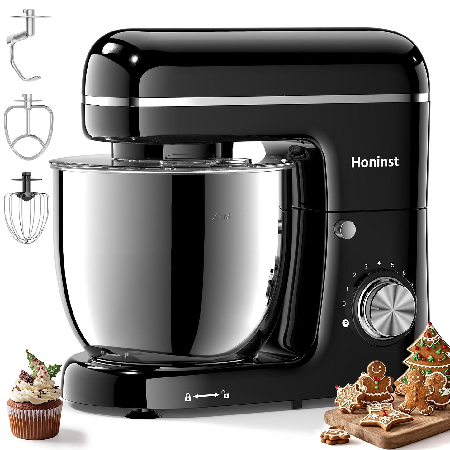 Honinst 6 QT Stand Mixer, Lightweight 10+P Speeds with Tilt-Head Electric Mixer, Kitchen Mixer with Dough Hook, Whisk, Beater, Bowl for Baking, Cake and Most Home Cooks
