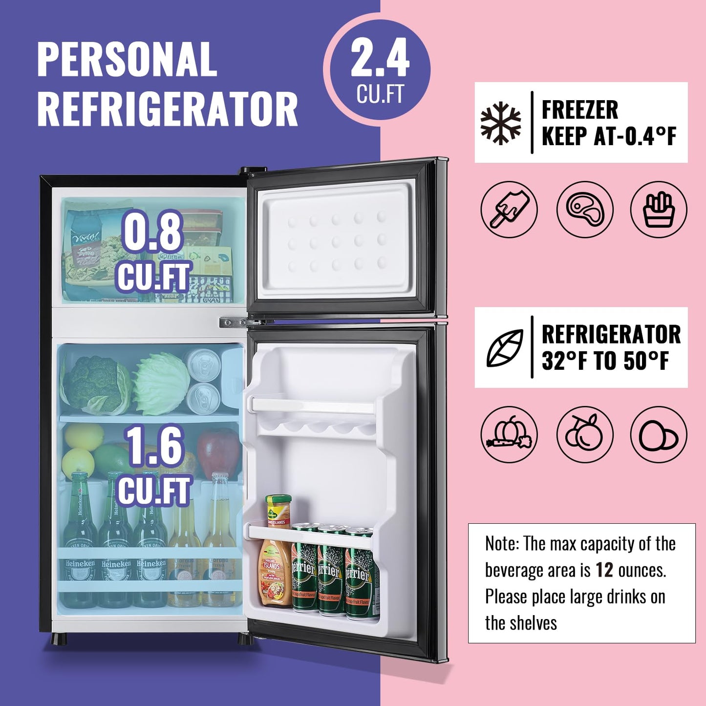 DEMULLER Refrigerator with Freezer Double Door Fridge Removable Plastic Shelves Black Silver