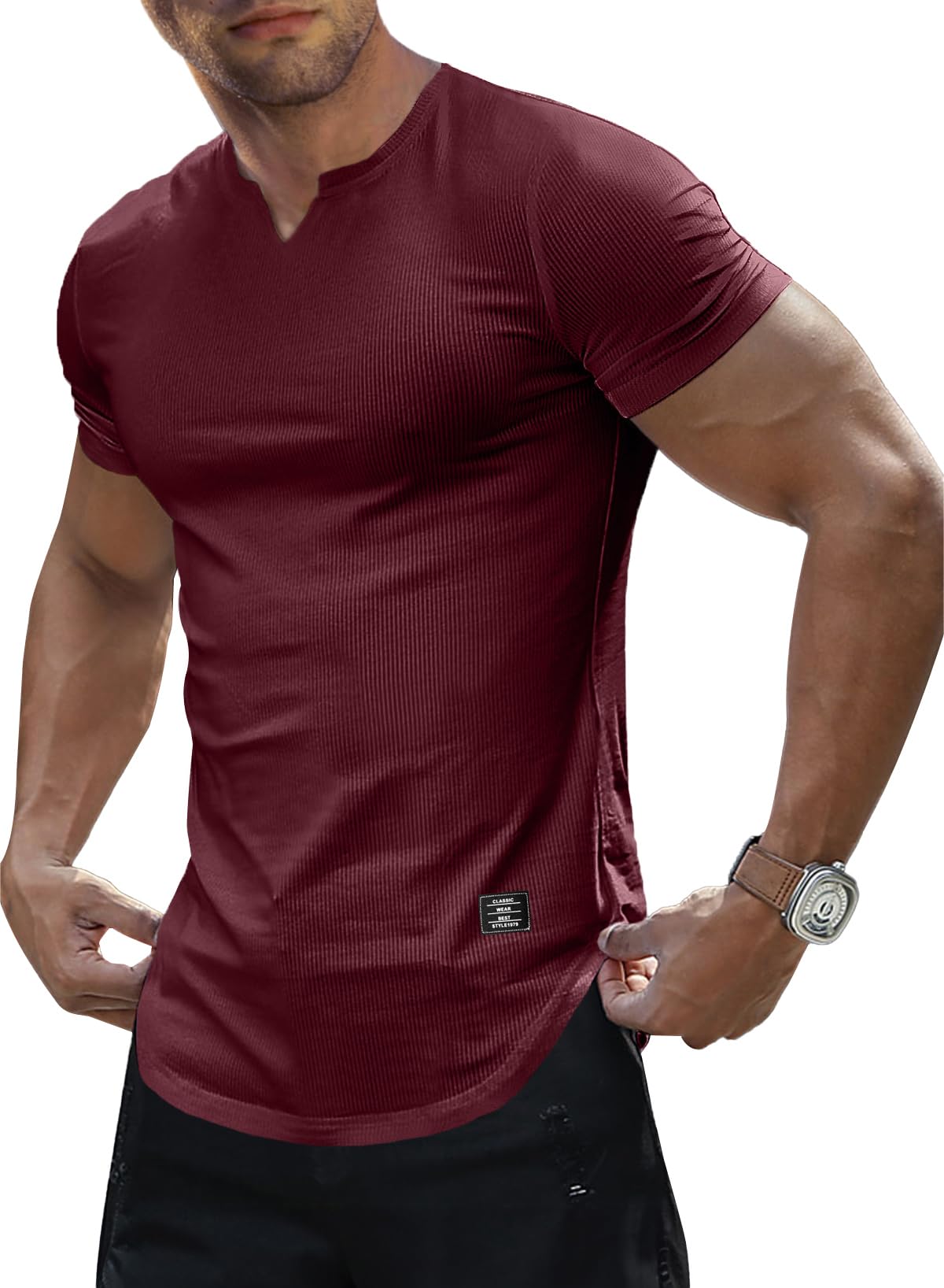 JMIERR Mens Muscle Slim T Shirts Texture V Neck Longline Henley Gym Workout Athletic Tee Shirt