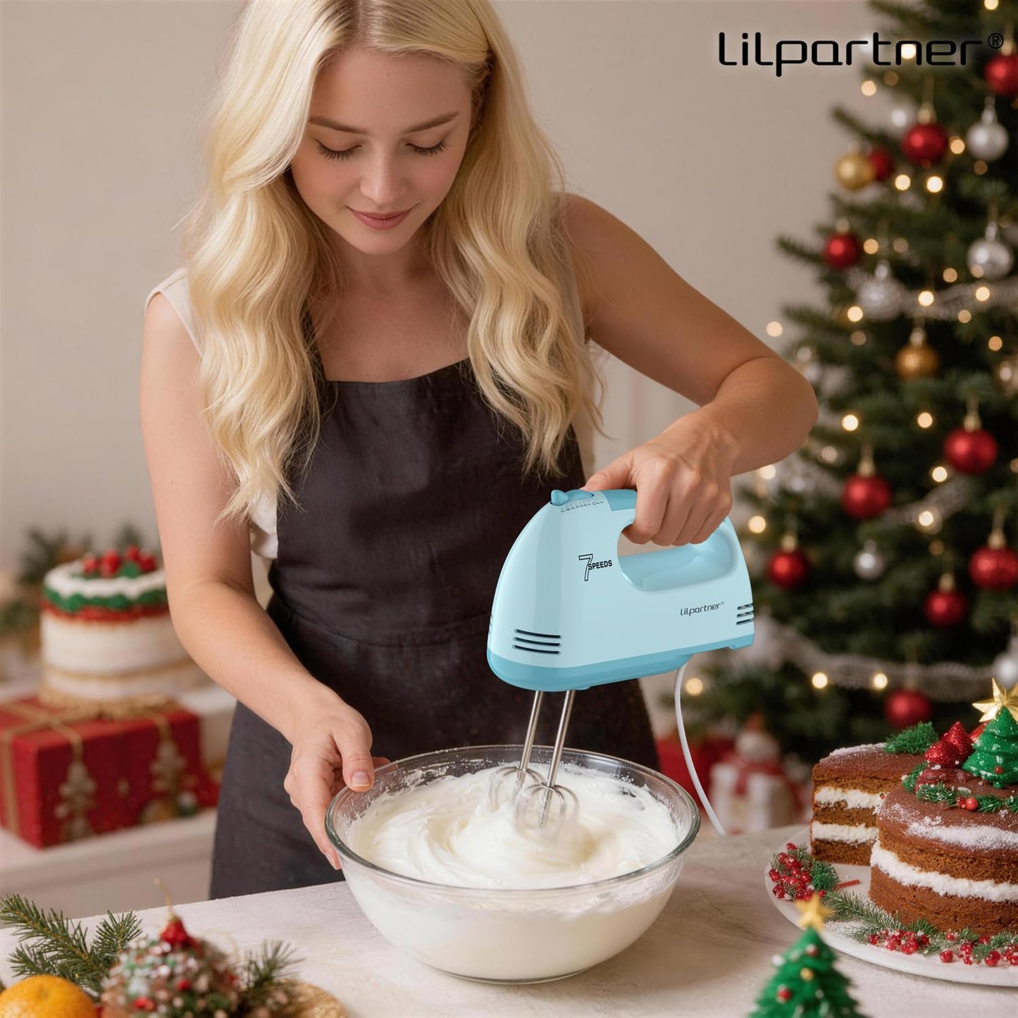 LILPARTNER Hand Mixer Electric, Ultra Power Kitchen Hand Mixer With 7-Speed & 5 Stainless Steel Accessories for Whipping Dough, Cream, Cake, Dishwasher Safe, Pink