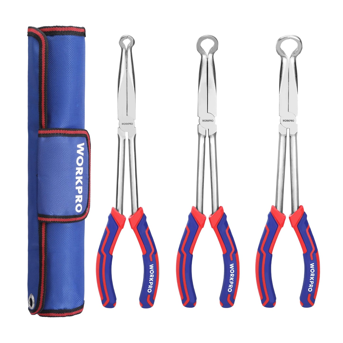 WORKPRO 3 PCS 11" Hose Gripper Plier Set, Long Reach Hose Gripping Pliers, 5/16-Inch, 1/2-Inch, 3/4-Inch Dia, Spark Plug Boot Removal Pliers, Serrated Jaws for Hard to Reach Narrow Spaces
