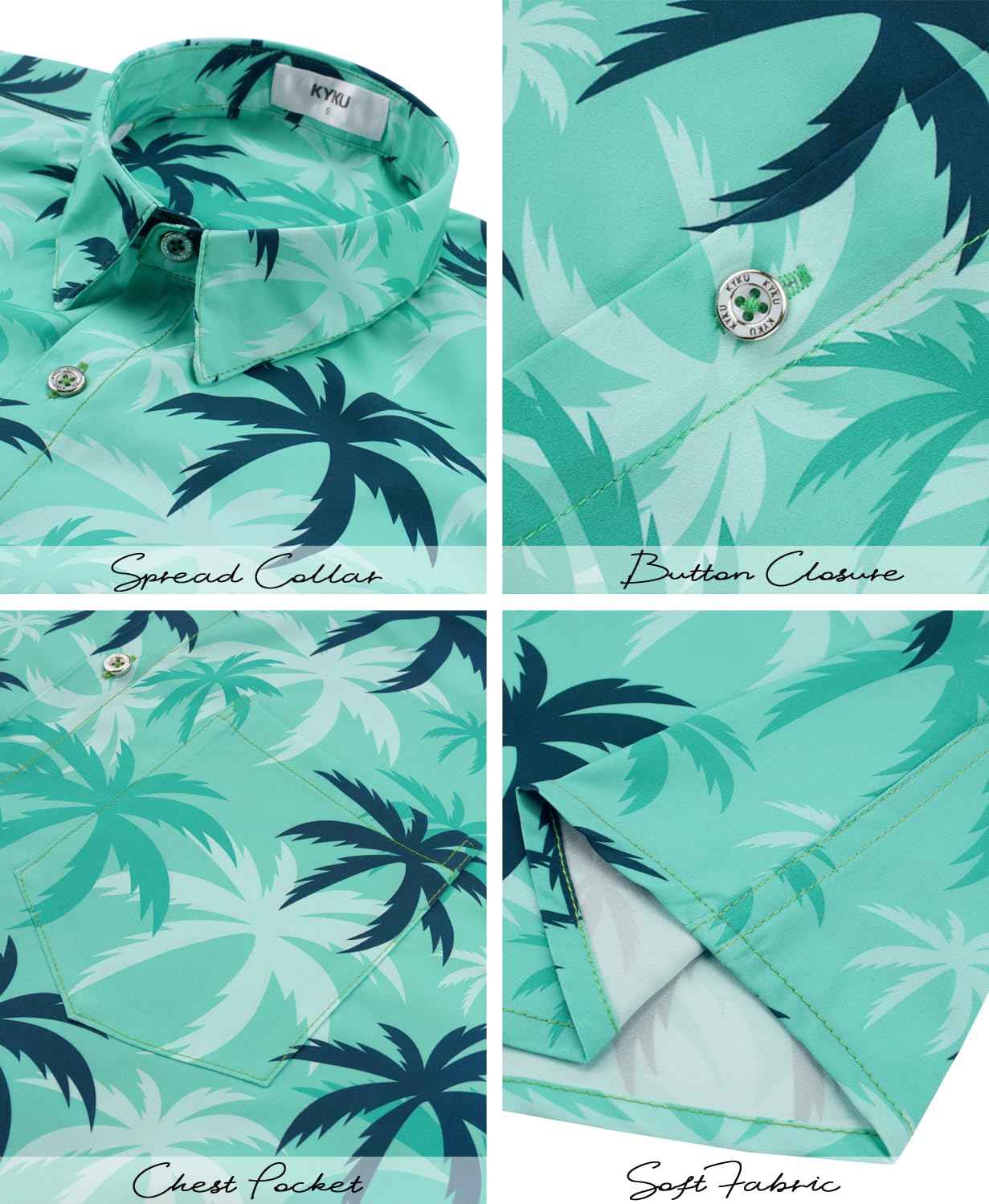 KYKU Mens Hawaiian Shirts Short Sleeve Button Down Summer Vacation Beach Shirts, Pleated Back, with Pocket