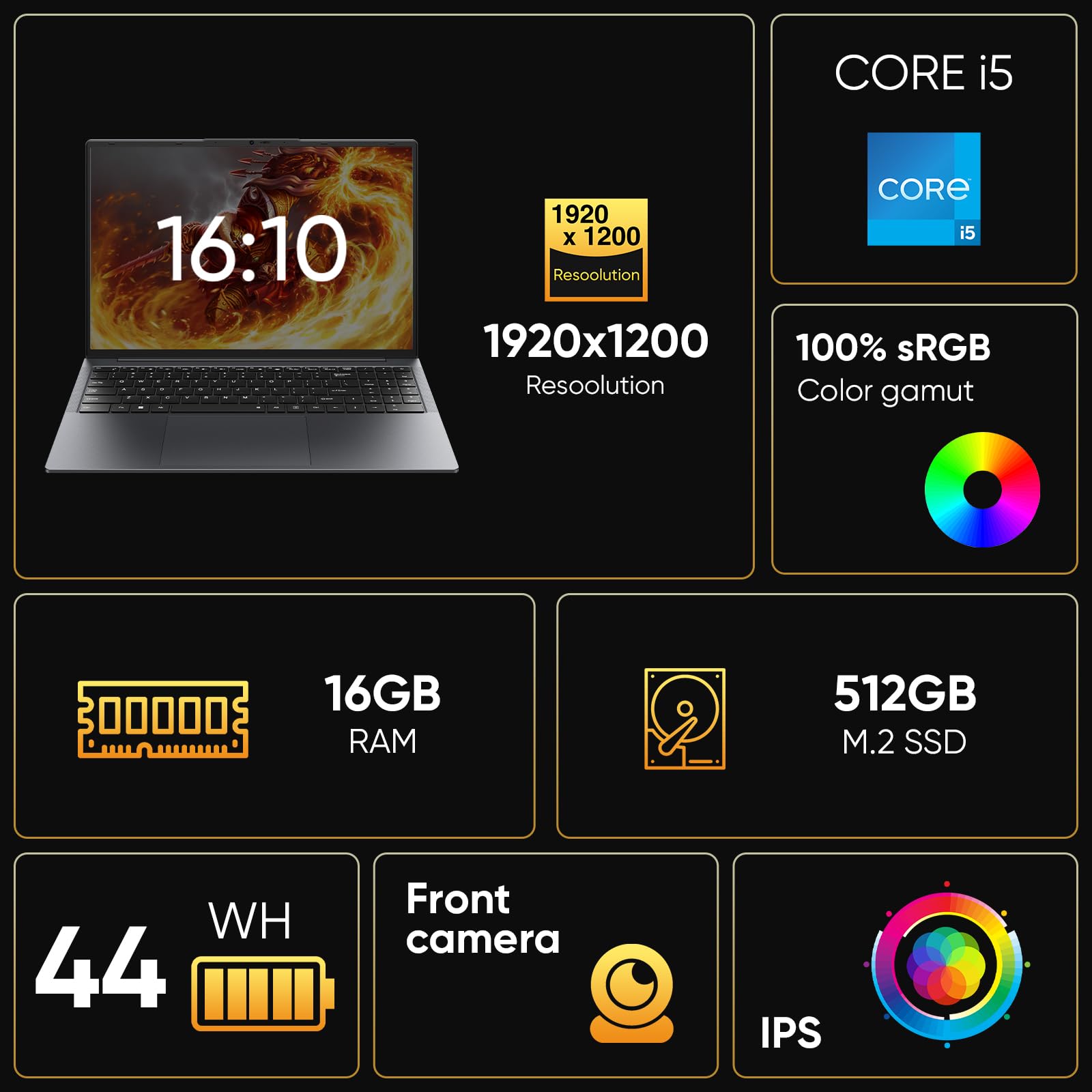EYY 16" Laptop Computer Intel Core i5 Processor, Windows 11 Pro Laptop 16GB(8+8) RAM 512GB SSD, 1920 x 1200 FHD 16:10 Display, MS Office 2024, Notebook with Backlit Keyboard, BT5.0, HDMI