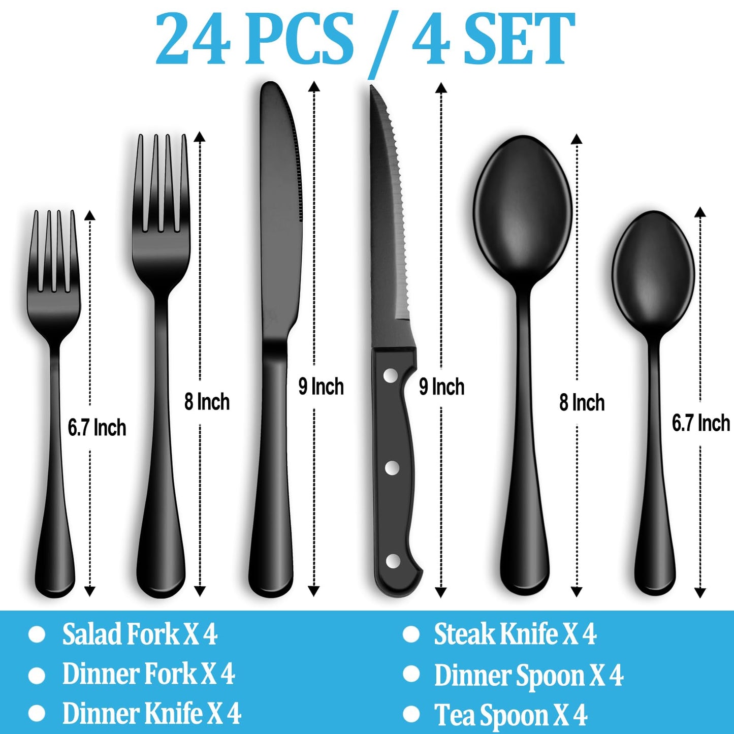 24 Pc Silverware Set with Steak Knives, Stainless Steel Flatware, Mirror Polished Cutlery, Dishwasher Safe