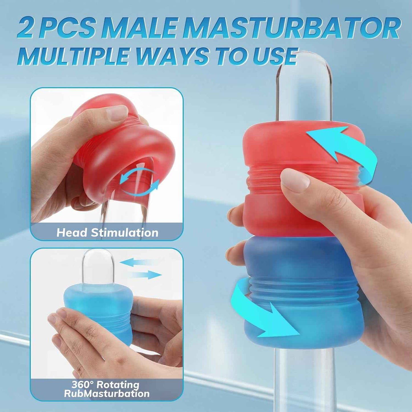Male Masturbator Sex Toys for Men, 2 Pcs Pocket Pussy Male Masturbator Stroker, Reusable Penis Training with 3D Spiral Tunnel Realistic Texture, Open Ended Masturbation Cup Adult Sex Toys Blue&Red