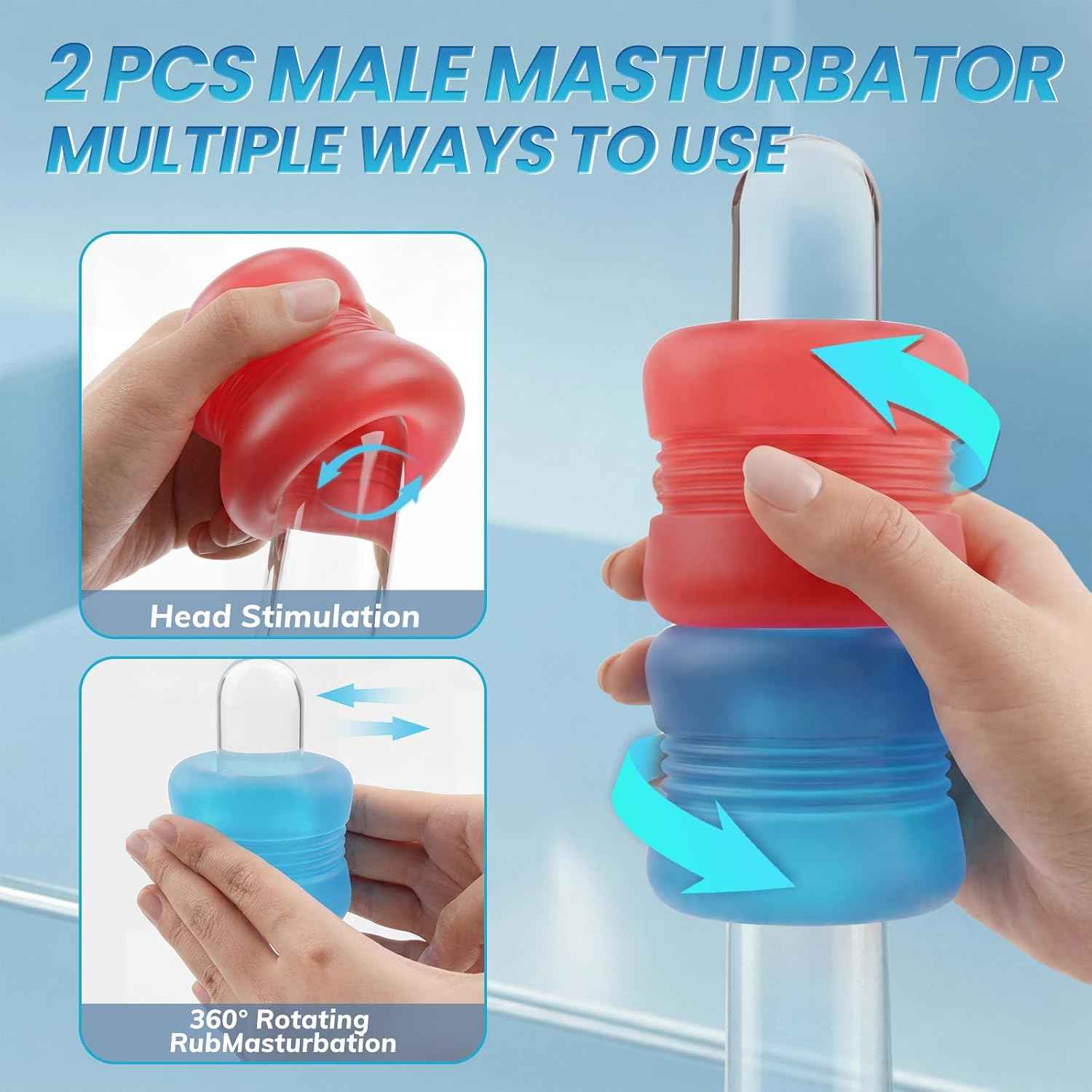 Male Masturbator Sex Toys for Men, 2 Pcs Pocket Pussy Male Masturbator Stroker, Reusable Penis Training with 3D Spiral Tunnel Realistic Texture, Open Ended Masturbation Cup Adult Sex Toys Blue&Red