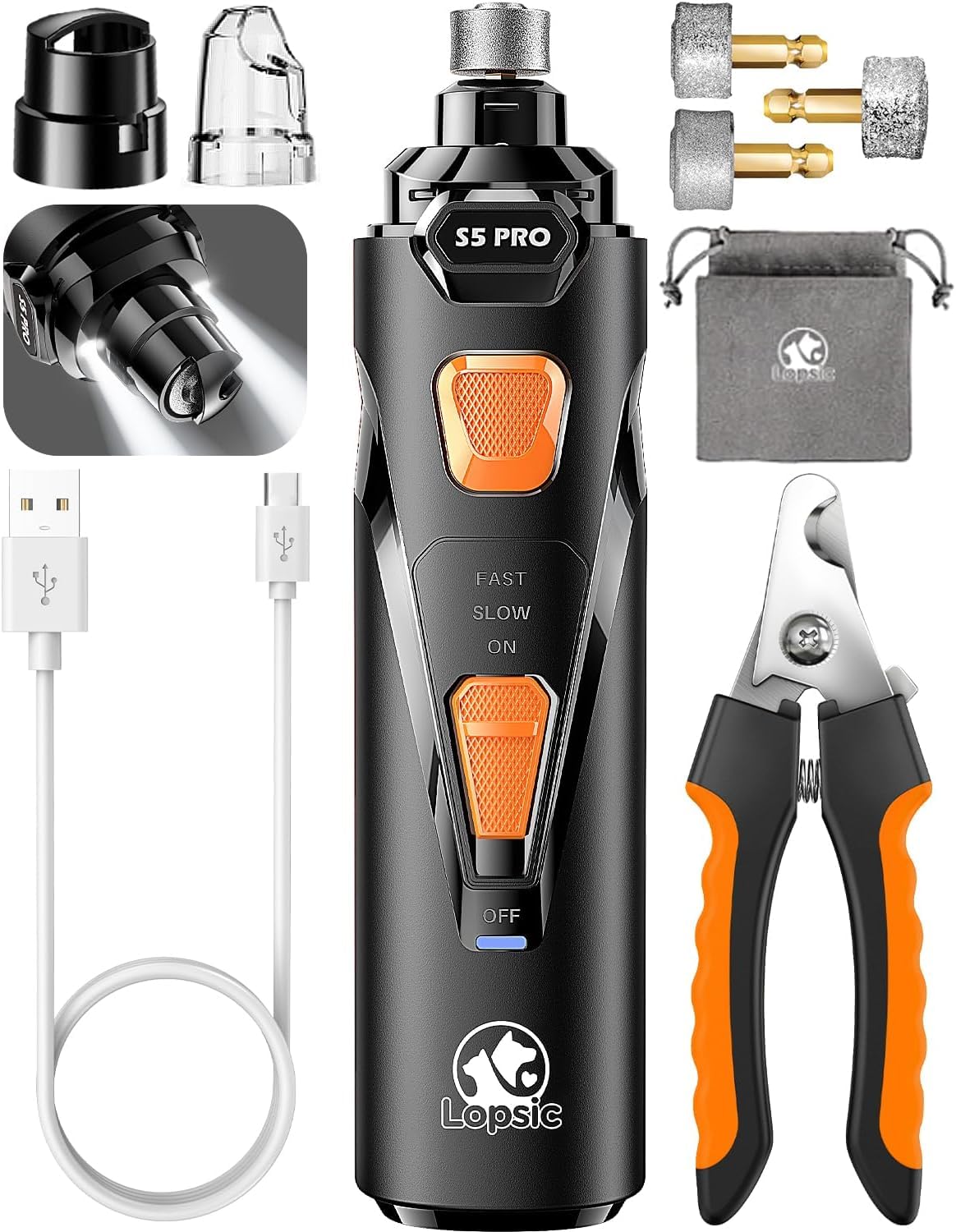 LOPSIC Whisper Quiet Dog Nail Grinder with LED Light, Safe & Stress-Free for Sensitive Dogs of All Breeds & Sizes, 3 Grinding Bits, 3-Speed, Pet Nail Trimmers, Rechargeable Painless Grooming Kit
