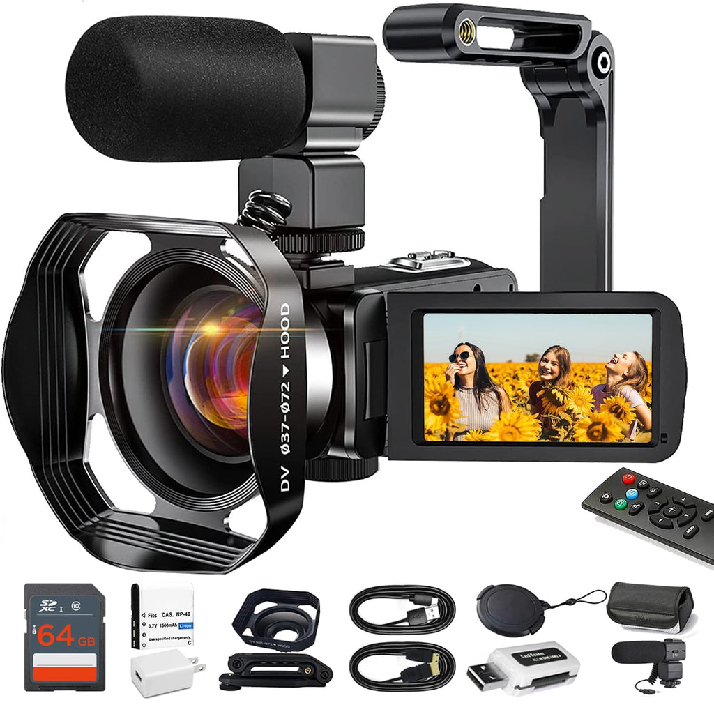 Acuvar 4K Video Camera Camcorder 48MP Auto Focus Vlogging Camera for YouTube 60FPS 18X Zoom Digital Camera WiFi, Mic, Stabilizer, 2 64GB SD Cards, 50" Tripod, Case, Charger, Card Reader