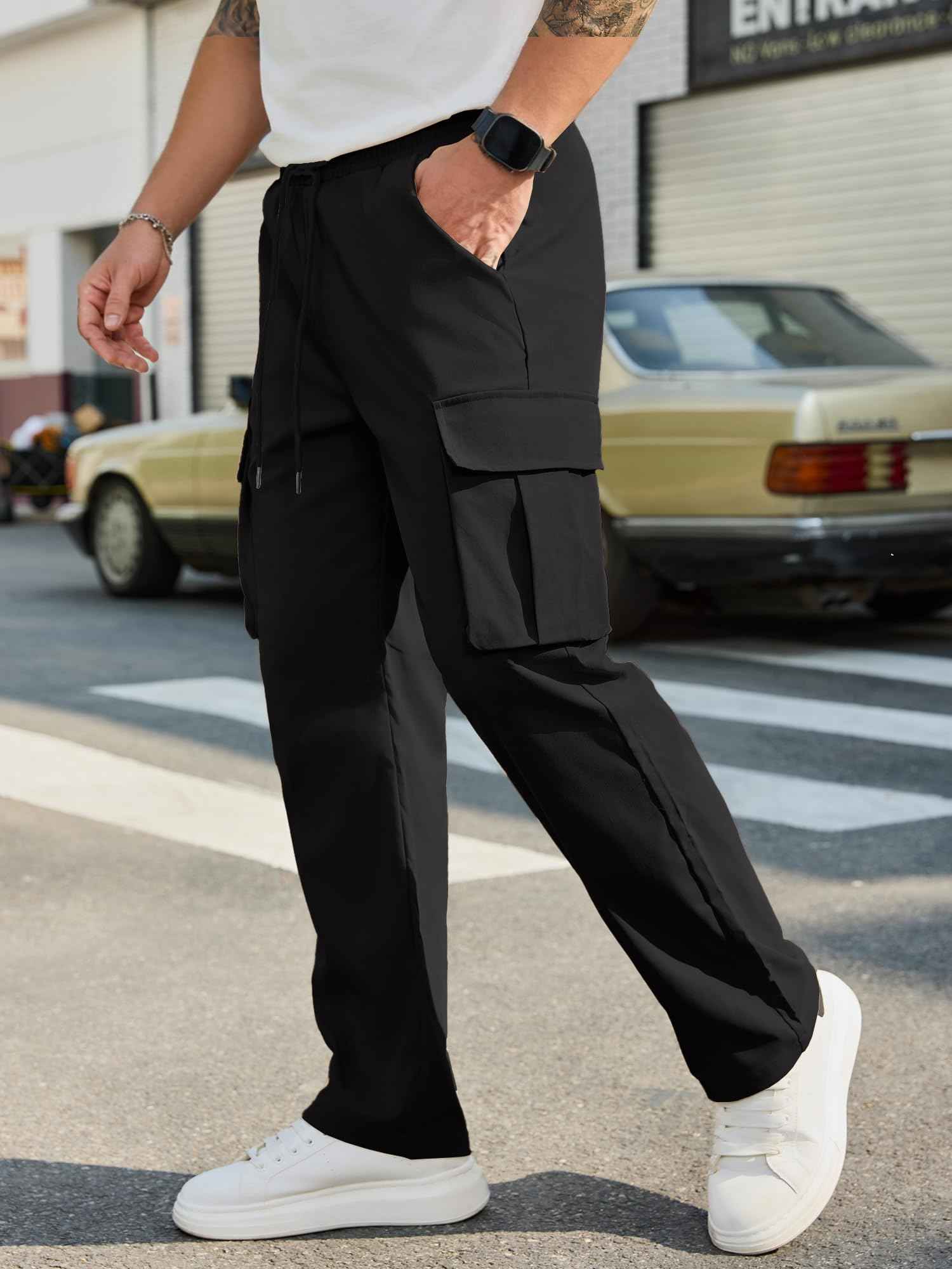 PLEPAN Men's Casual Cargo Pants Drawstring Hiking Workout Tactical Joggers Sweatpants for Men with Pockets