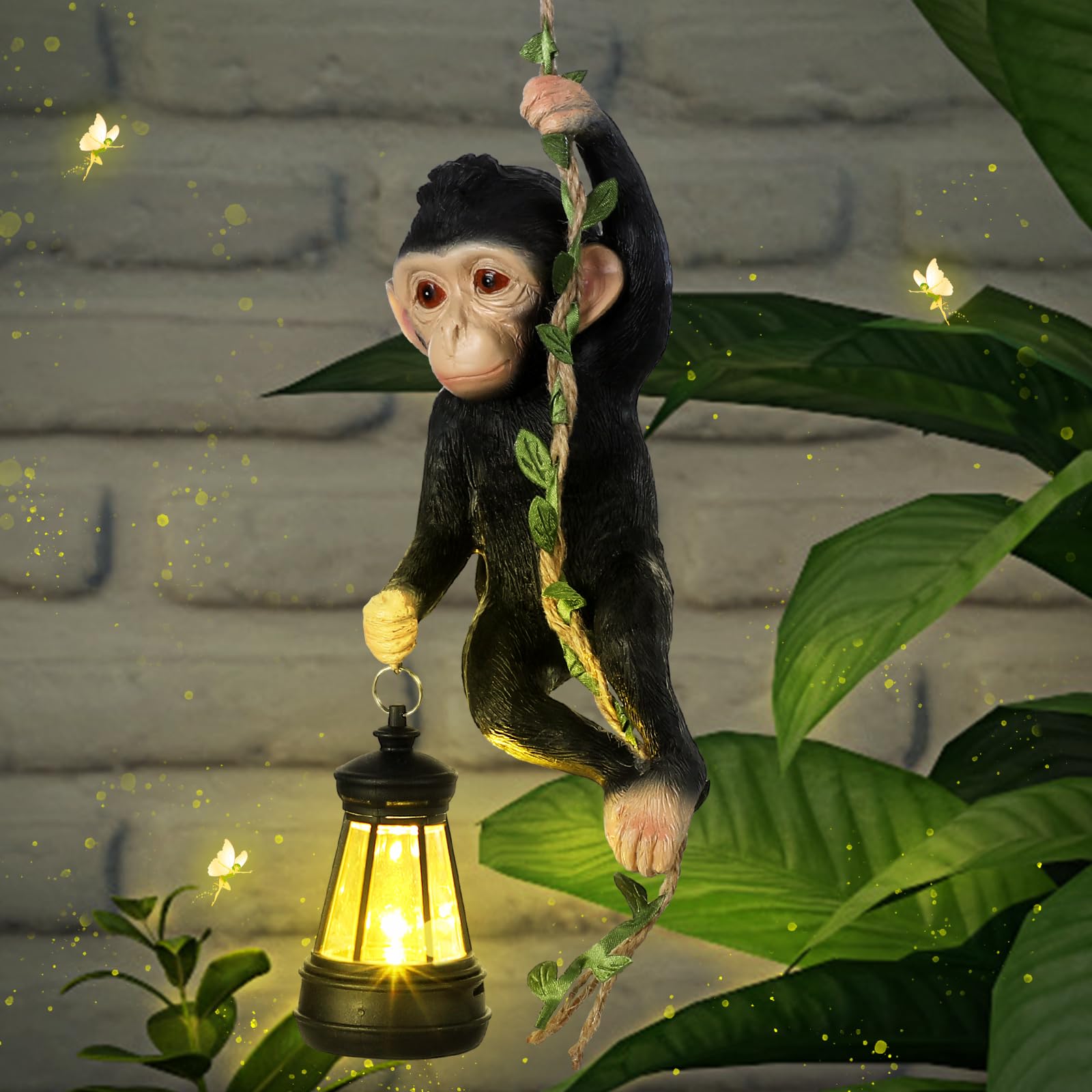 Rossesay Solar Light Outdoor Statues 7.48'' H Resin Chimpanzee Baby Monkey Climbing On A 19.68" L Vine with LED Lantern Waterproof Hanging Monkey Figurine with Hook for Yard Garden Wall