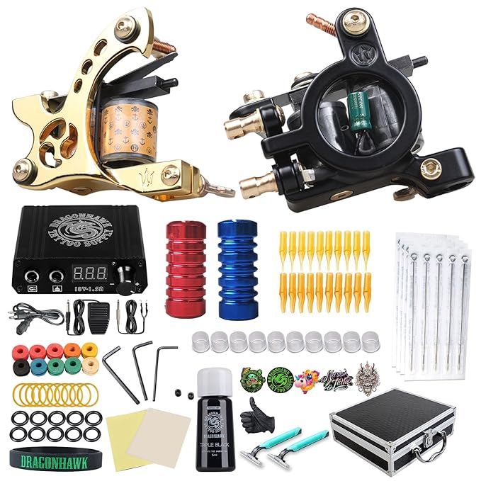 Dragonhawk Complete Tattoo Kit 2 Coil Machines Power Supply