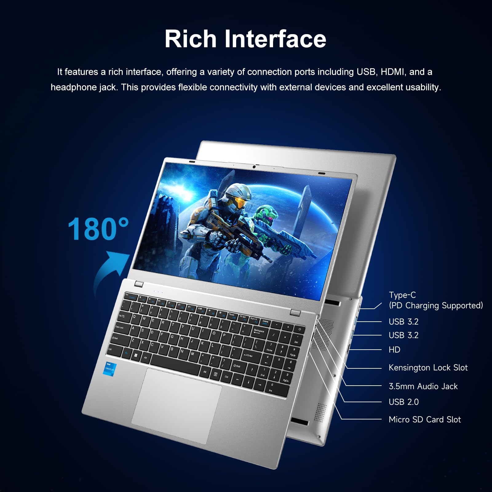 HPUMLSE Windows11 Por Intel Laptop,15.6″ Notebook PC,Privacy Camera Cover/Intel Pentium 6500Y/FHD1080/Type-C/7.7V 5800mAh/HDMI/for Student and Busines
