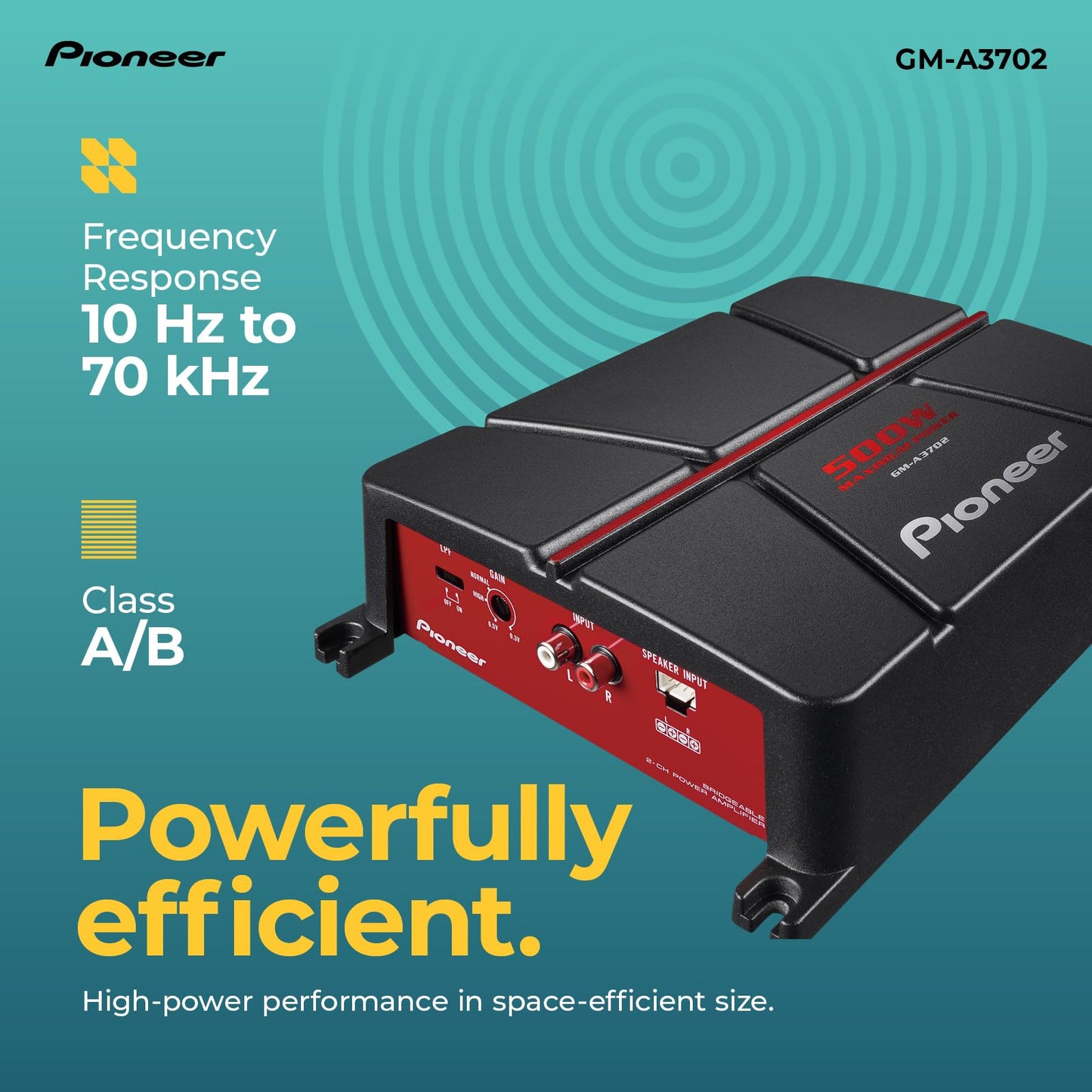 Pioneer GM-A3702 2-Channel Car Amplifier – 500W Max, Class AB, Bridgeable Design, Automatic Signal Sensing and Turn-on, Built-in high-/Low-Pass Filter