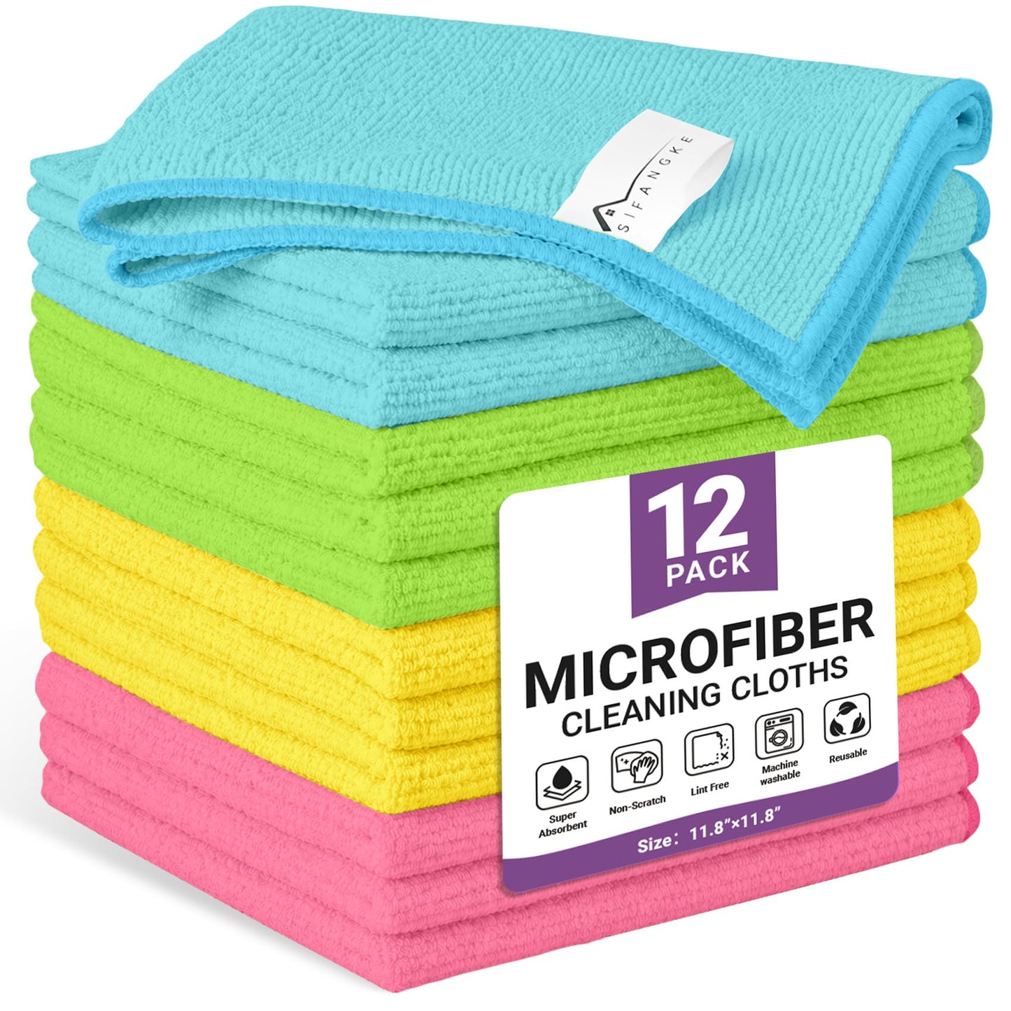 SIFANGKE Microfiber Cleaning Cloth, Lint-Free and Highly Absorbent Rags, Reusable Microfiber Towels for Car, Kitchen, Bathroom and Household Cleaning Supplies, 11.8"X11.8"