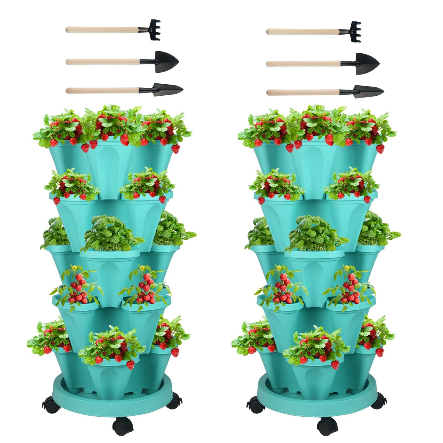 GameXcel Vertical Planter Tower - Multi-Tier Stackable Garden Planters with Wheels and Tools Plant Pots for Strawberry Herb Flower and Vegetable Indoor Outdoor Use Multicolor