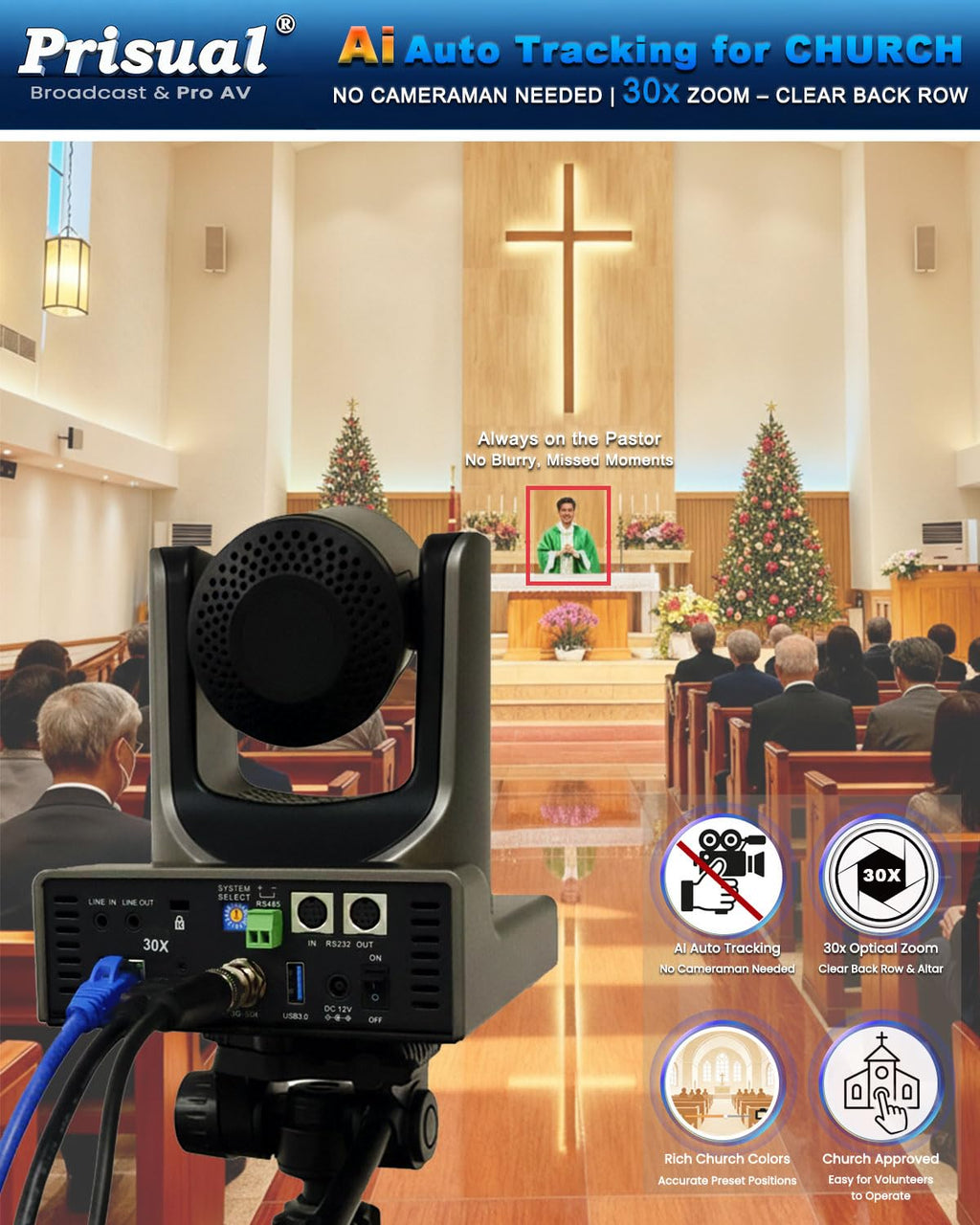 Prisual PTZ Camera 30X Optical Zoom NDI HX3 HDMI USB3.0 LAN PoE AI Tracking Church Camera