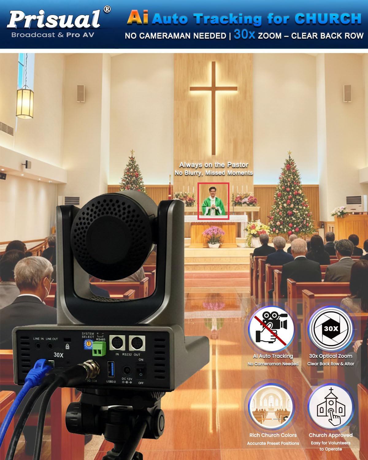 Prisual PTZ Camera 30X Optical Zoom NDI HX3 HDMI USB3.0 LAN PoE AI Tracking Church Camera
